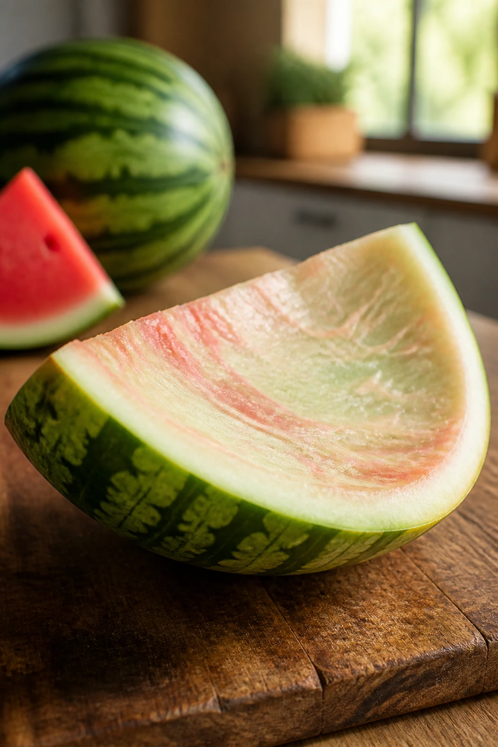 Fresh watermelon rind chunk on wooden surface