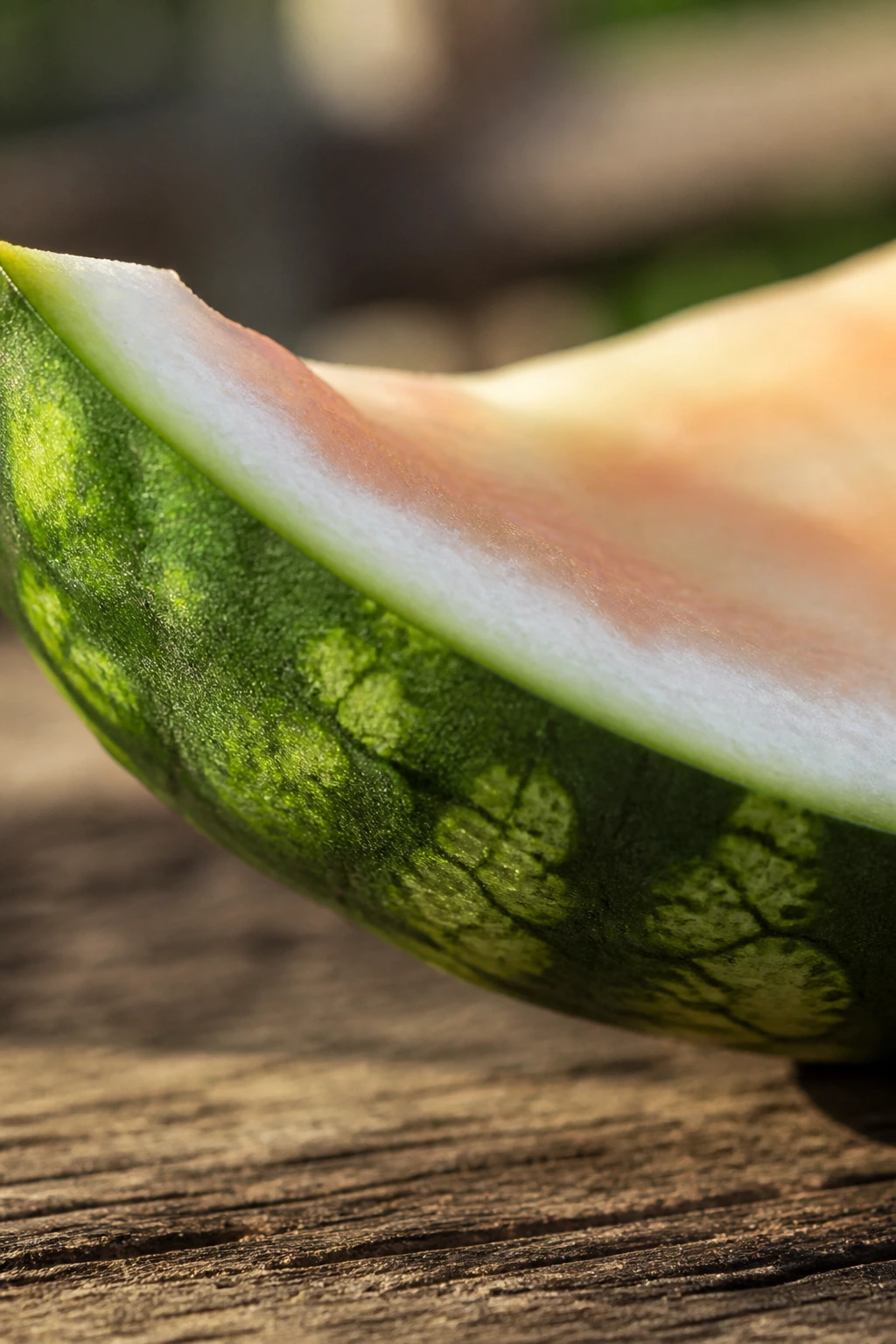 Close-up of watermelon rind wedge highlighting rind and inner layer for chicken nutrition