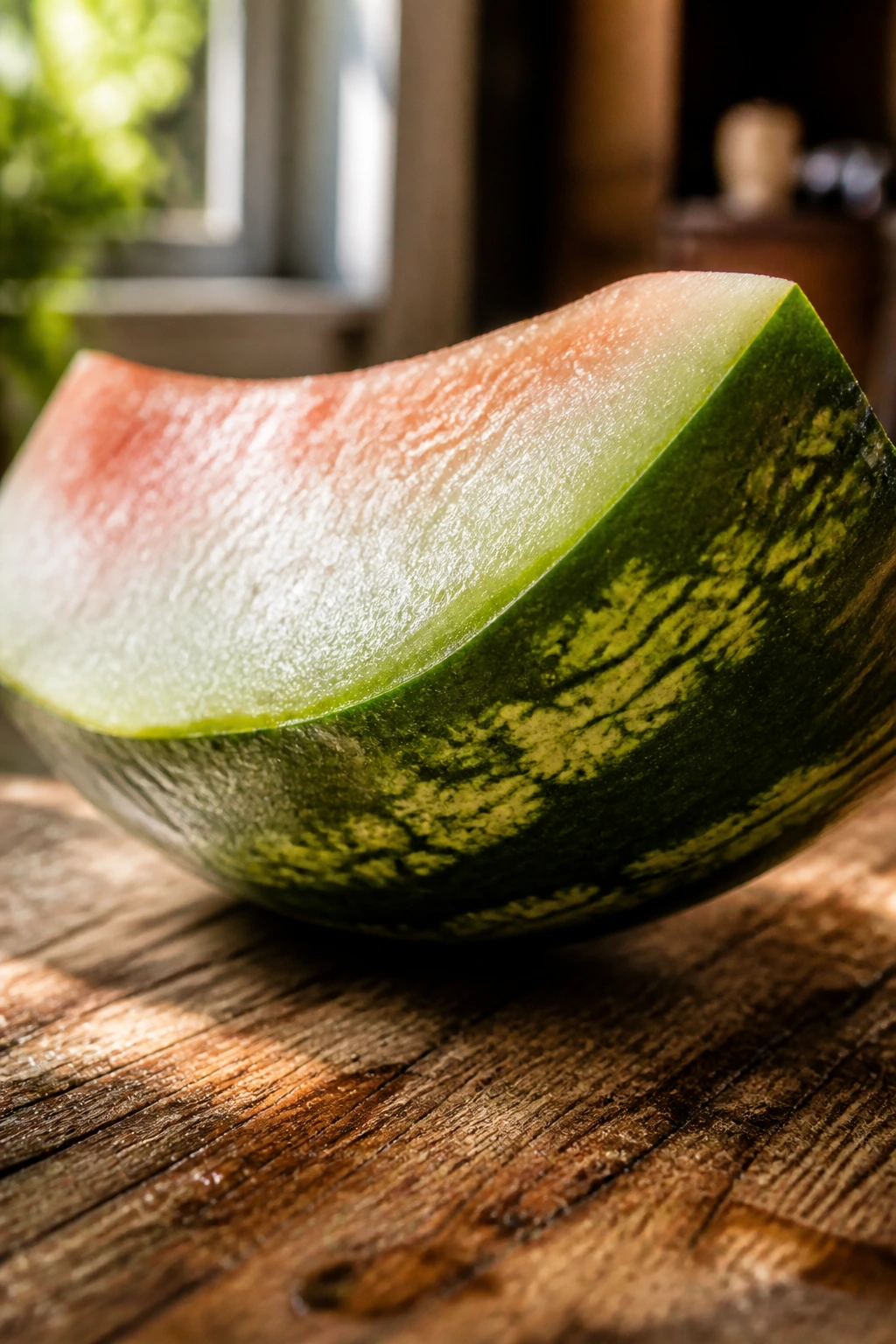 Close-up of watermelon rind showing green outer skin and pale inner rind on a wooden board
