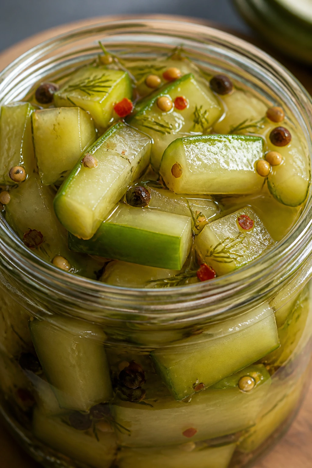 Close-up of watermelon rind pickles in a glass jar on a wooden kitchen counter.