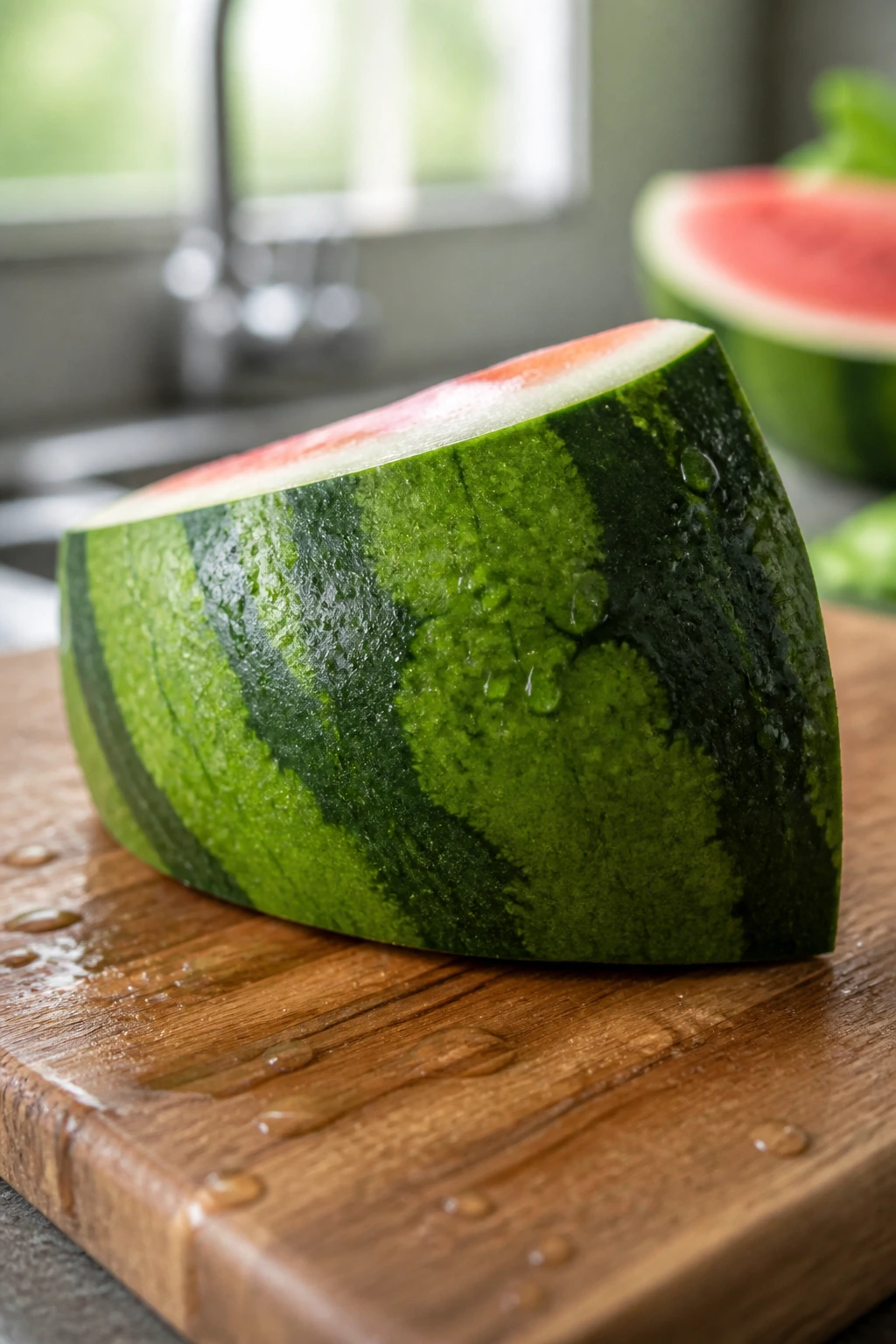 Watermelon rind being rinsed under water in kitchen