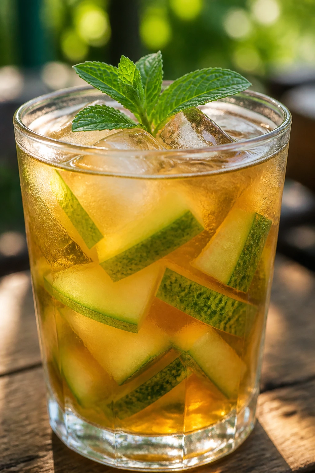 Glass of watermelon rind cold brew tea on an outdoor table.