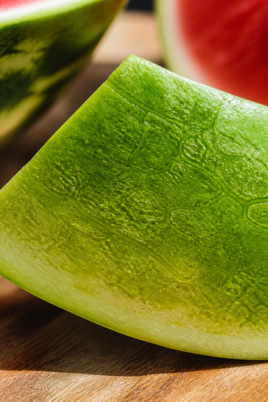 Macro close-up of watermelon rind showing texture in sunlight.
