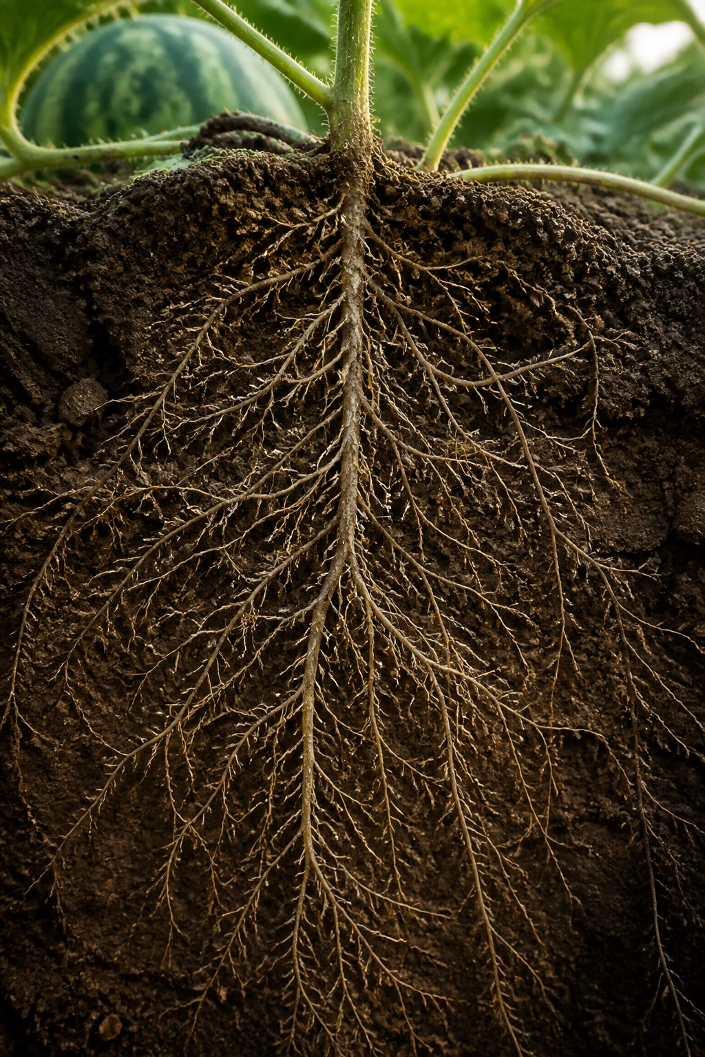How Deep Do Watermelon Roots Grow? How Deep Do They Go? 12 Close-up of watermelon roots deep in soil illustrating depth concepts in a garden