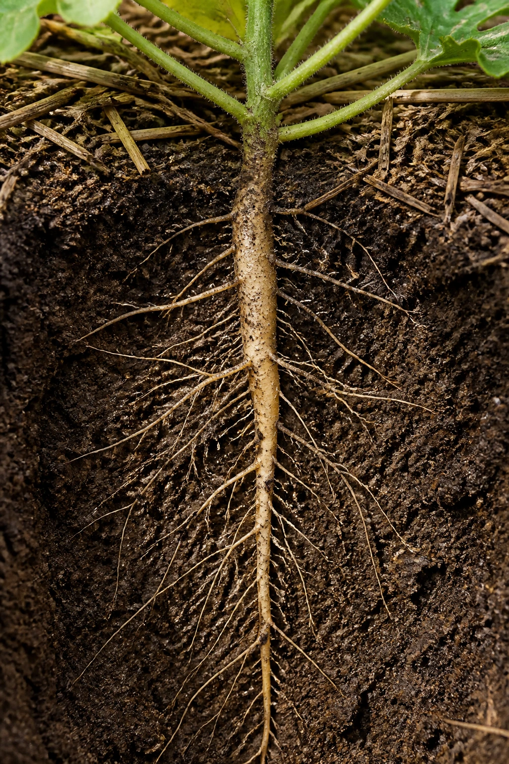 How Deep Do Watermelon Roots Grow? How Deep Do They Go? 5 Close-up of watermelon roots with a prominent taproot in soil.