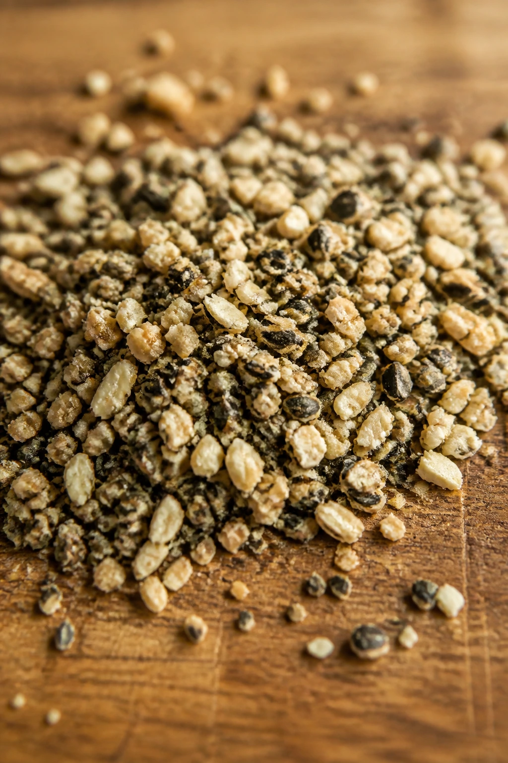 Crushed watermelon seeds on wood surface