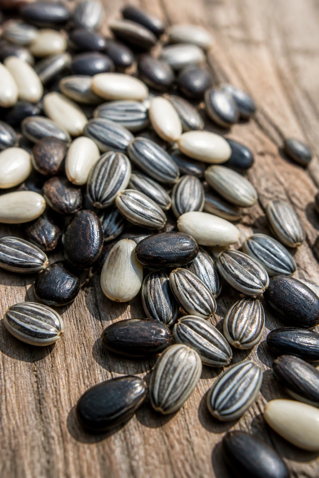 Close-up of mixed watermelon seeds on a wooden surface