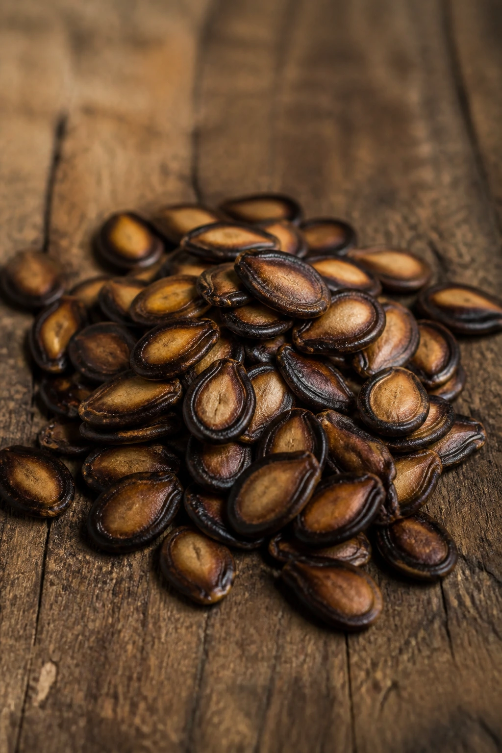 Macro of dry shelled watermelon seeds on wood