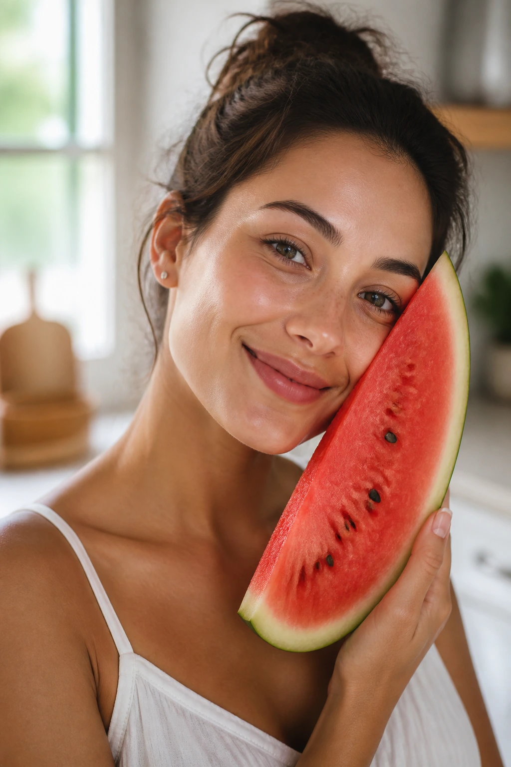Close-up portrait with a watermelon wedge against the cheek highlighting skin health benefits