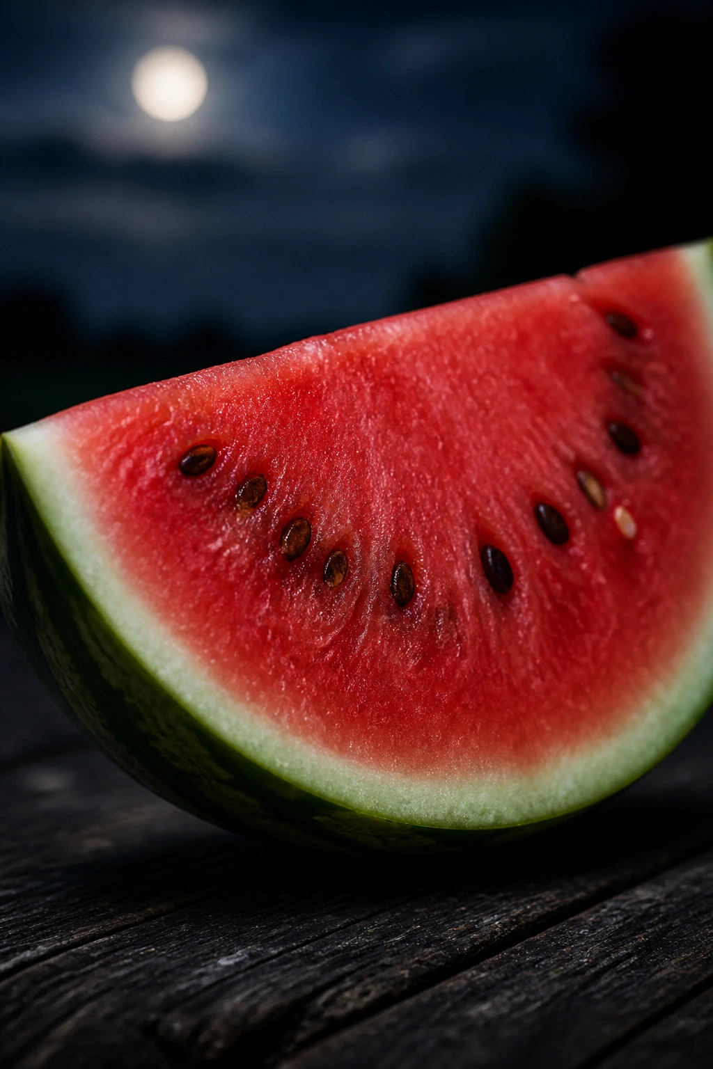 The Top 10 Worst Fruits Not To Eat At Night And Why 3 Close-up of a watermelon wedge on dark wood under night lighting.