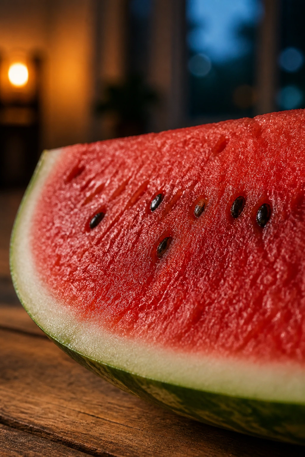Close-up of a thick watermelon slice on a wooden counter at night