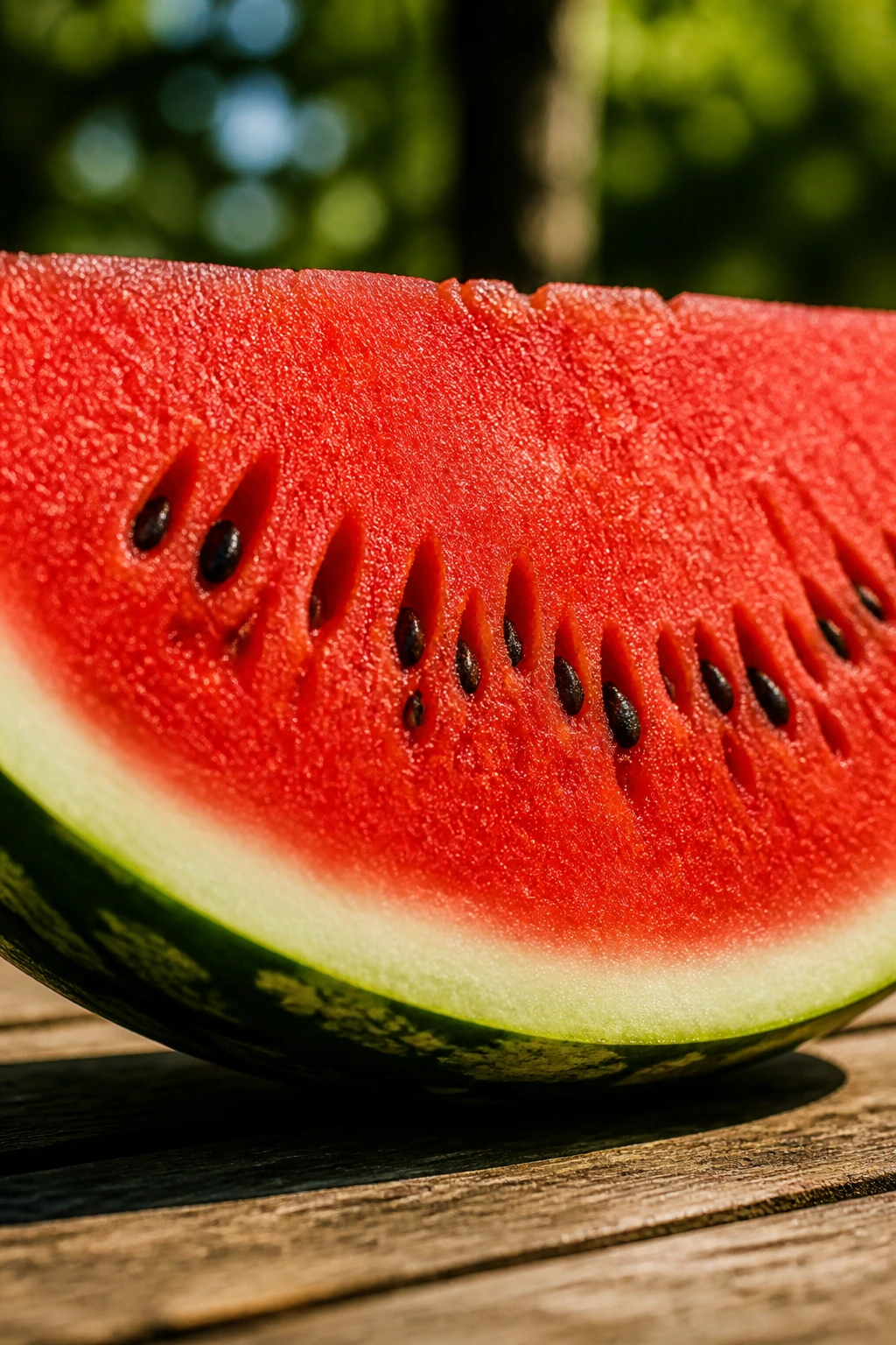 Close-up of a watermelon slice on a wooden table in sunlight