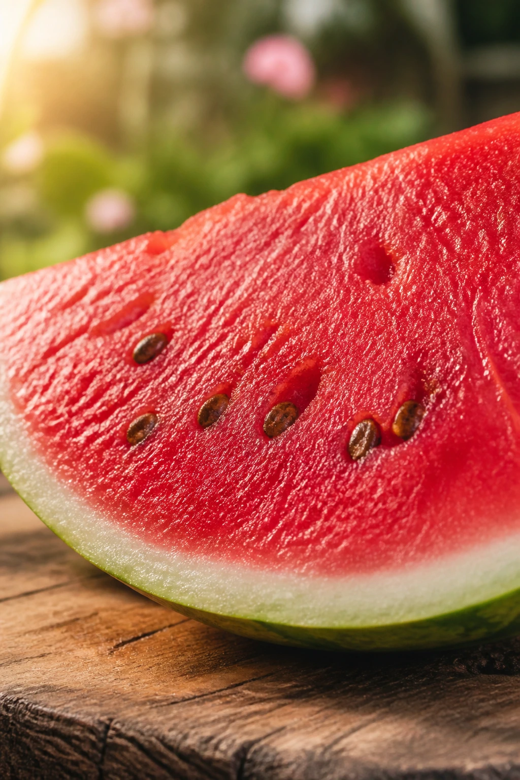 Can Gerbils Eat Watermelon? Let's Find Out 7 Close-up of a bright red watermelon slice on a wooden board in sunlight