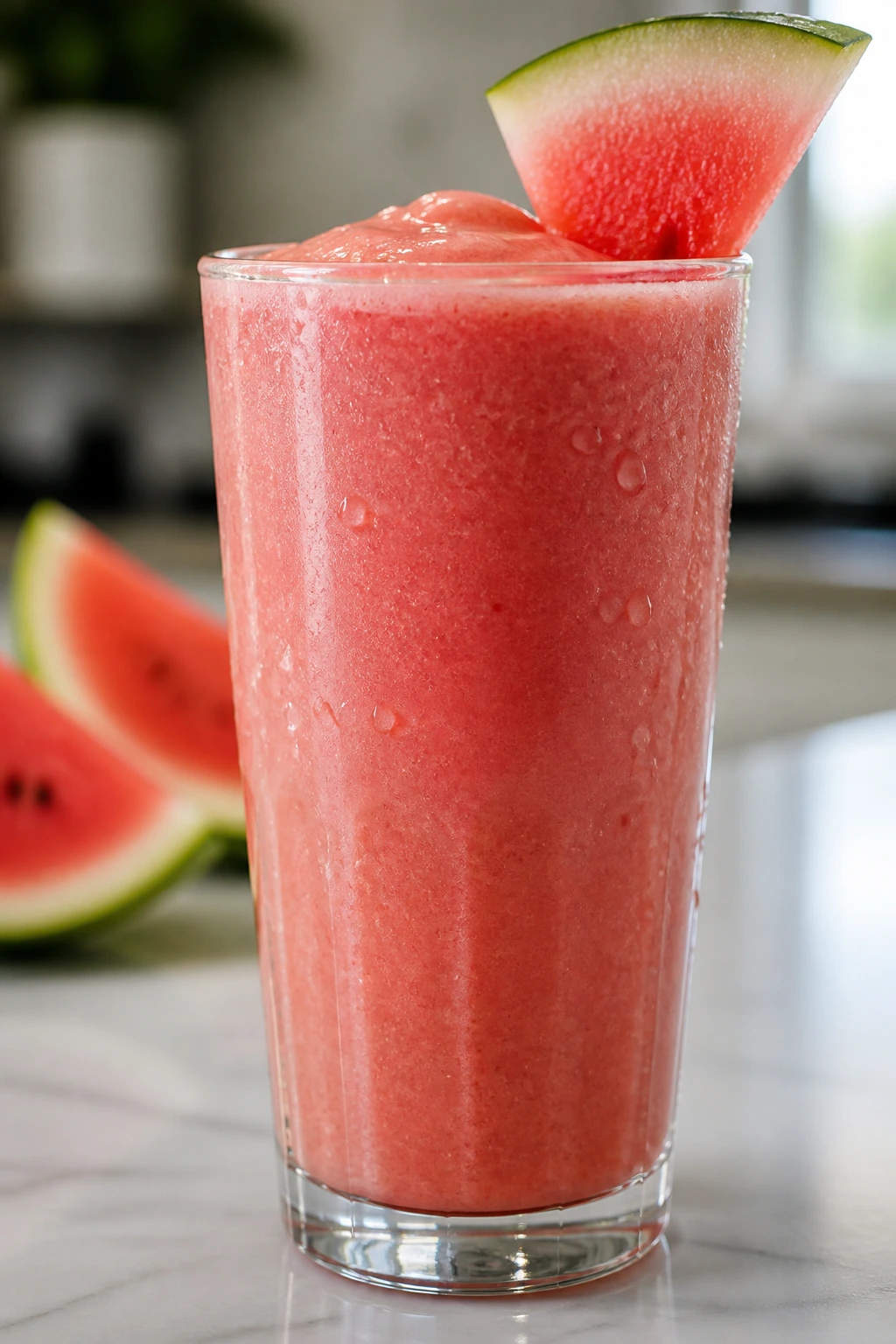 The Best Watermelon Smoothie Recipe For Weight Loss 2 Close-up of a tall glass of pink watermelon smoothie on a kitchen counter