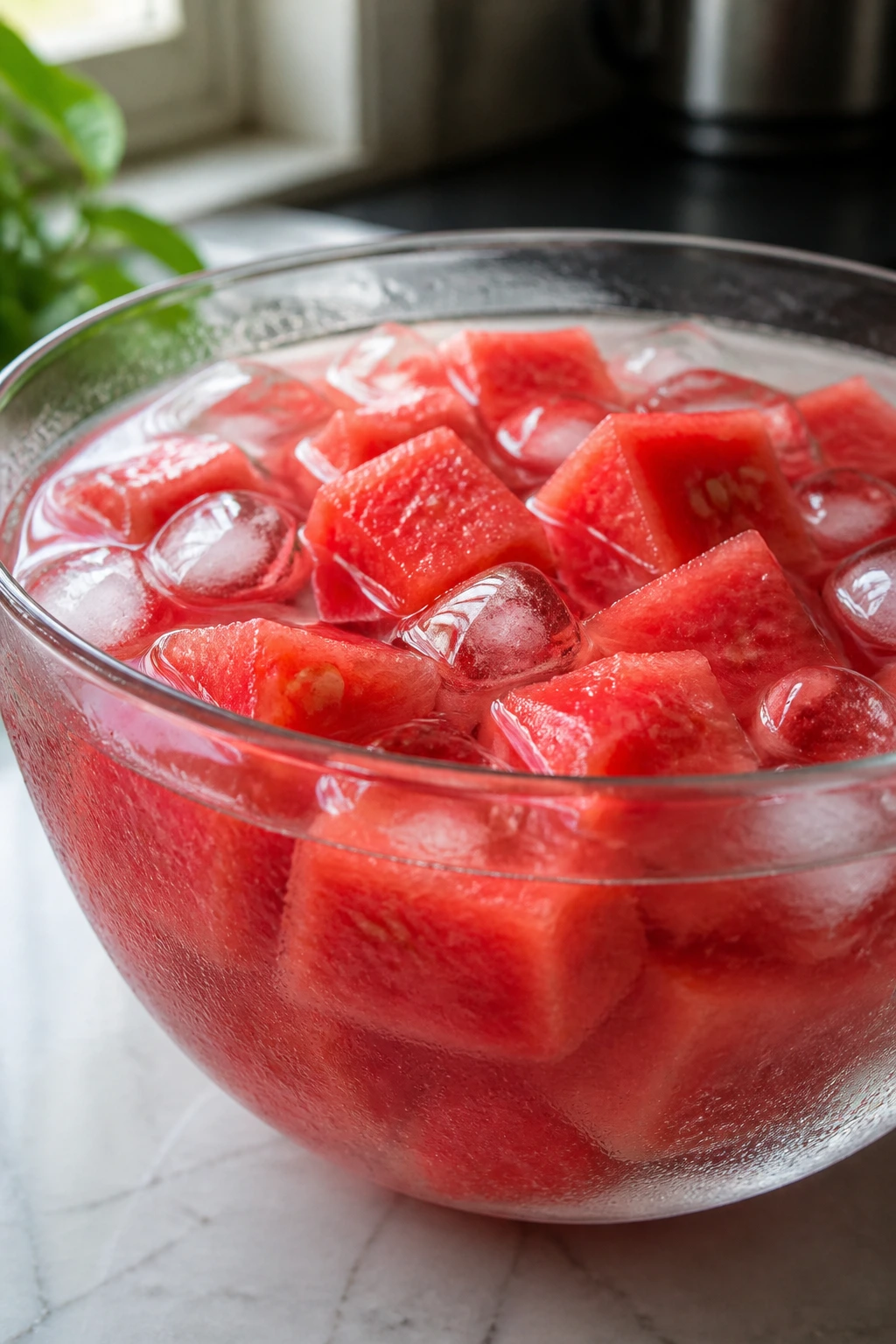 Close-up of watermelon cubes soaking in cold water in a glass bowl on a kitchen counter