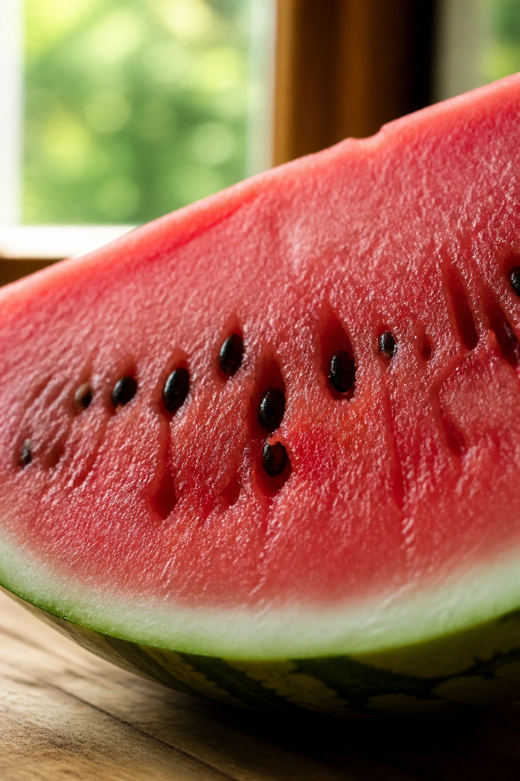 Bright watermelon slice on wood table