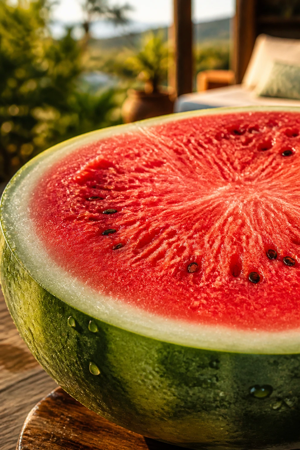 Close-up of a ripe watermelon half with dewdrops in an outdoor sunny setting.