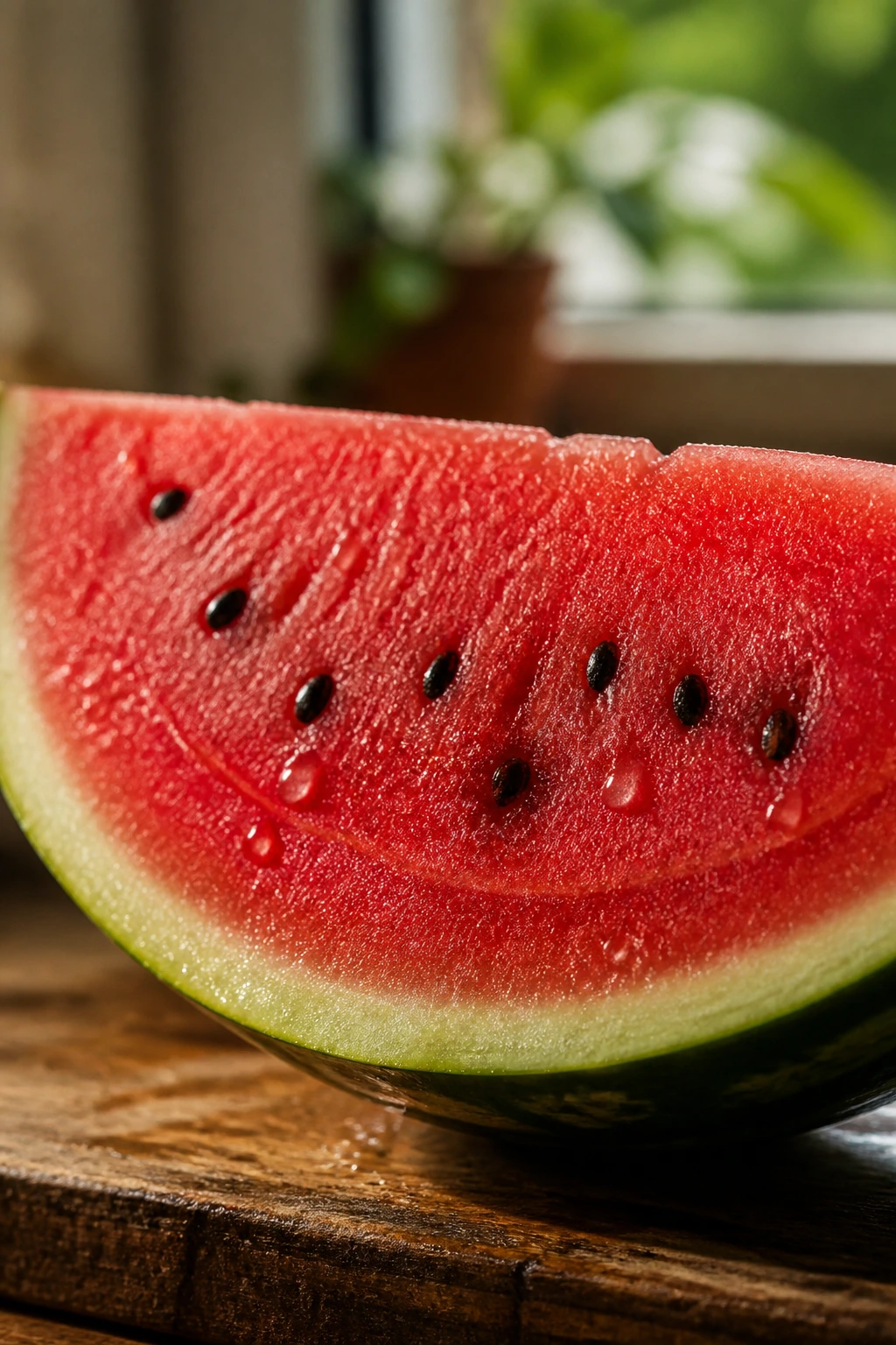 Is Watermelon Good For UTIs? The Pros and Cons 1 Close-up of a ripe watermelon slice filling the frame on a wooden counter under natural light