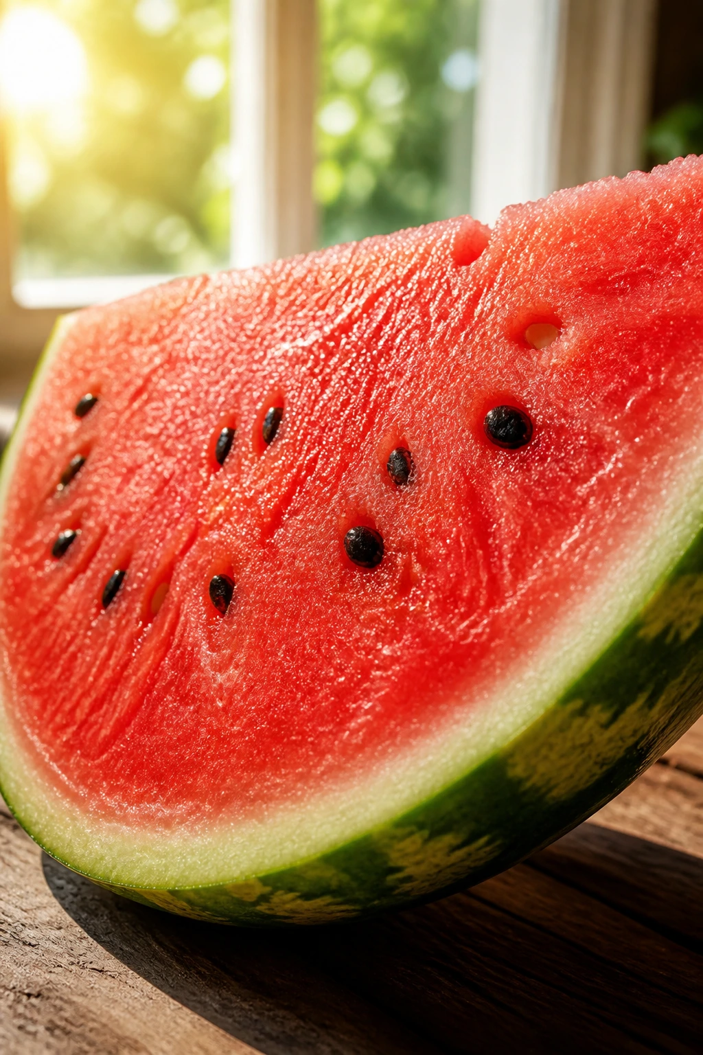 Watermelon wedge bathed in sunlight with kitchen window backdrop
