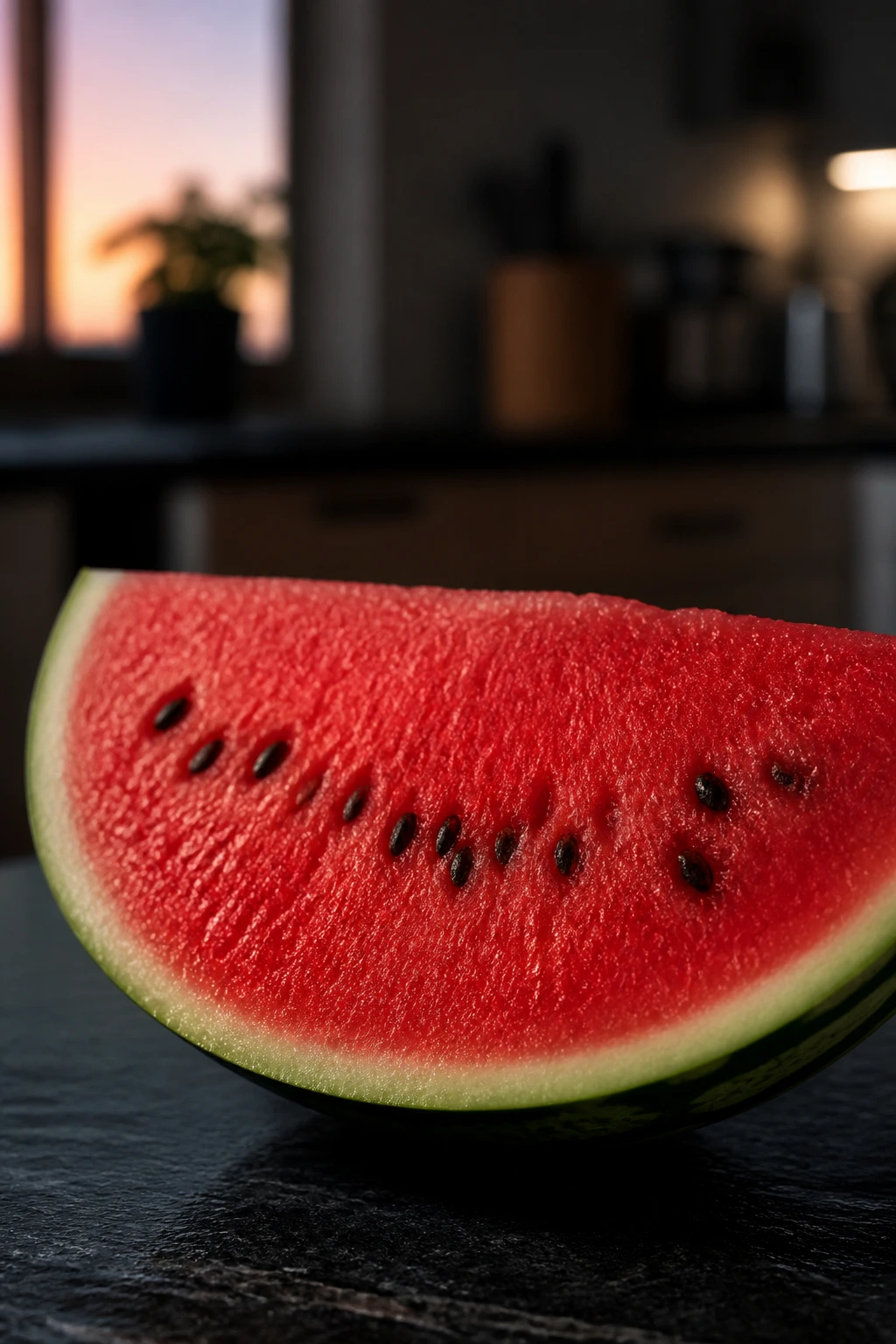 Ripe watermelon wedge on a dark surface with a kitchen background