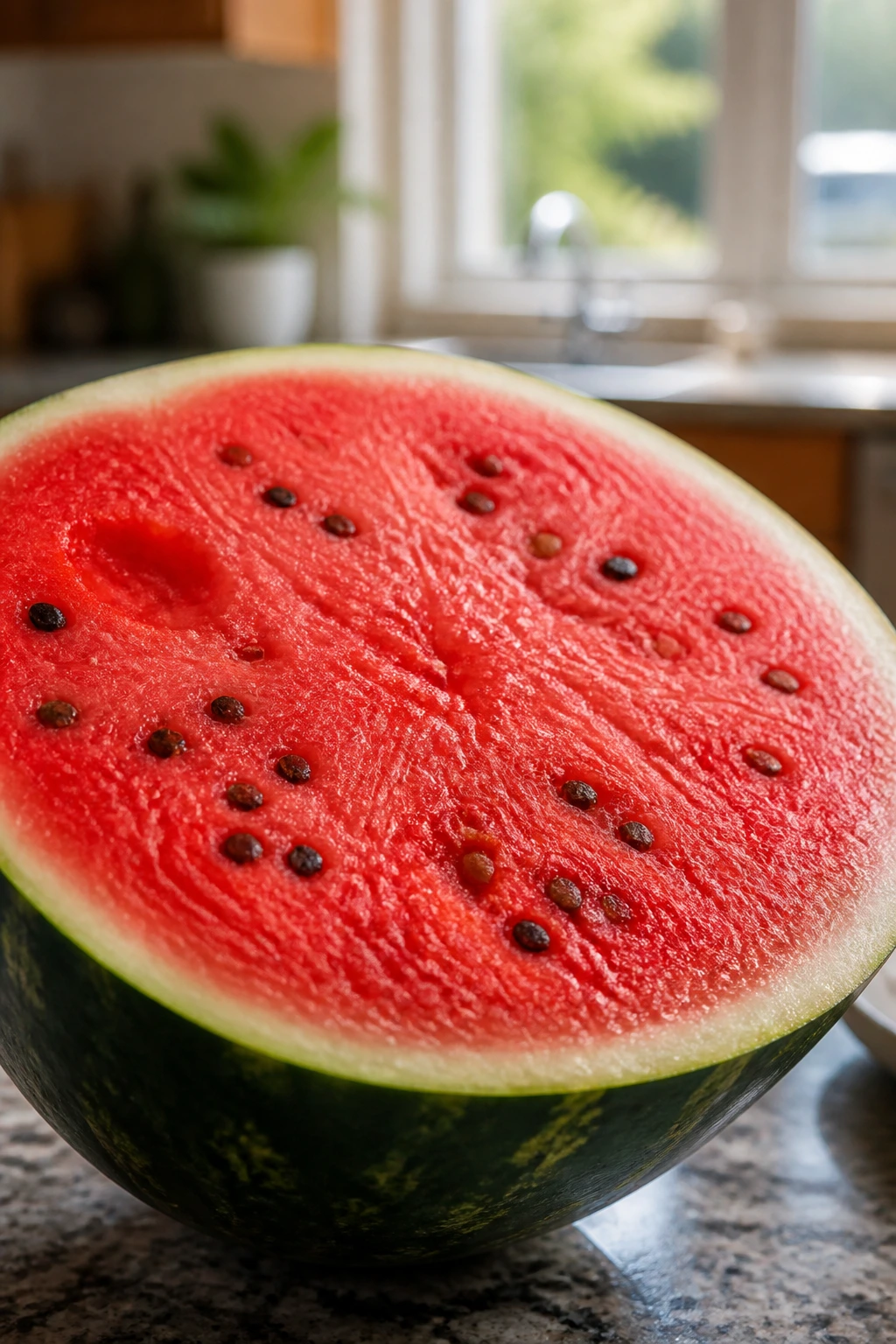 The Watermelon Effect: Are Watermelons Good For Weight Loss? 1 Close-up of a fresh watermelon half with red flesh and green rind on a kitchen counter