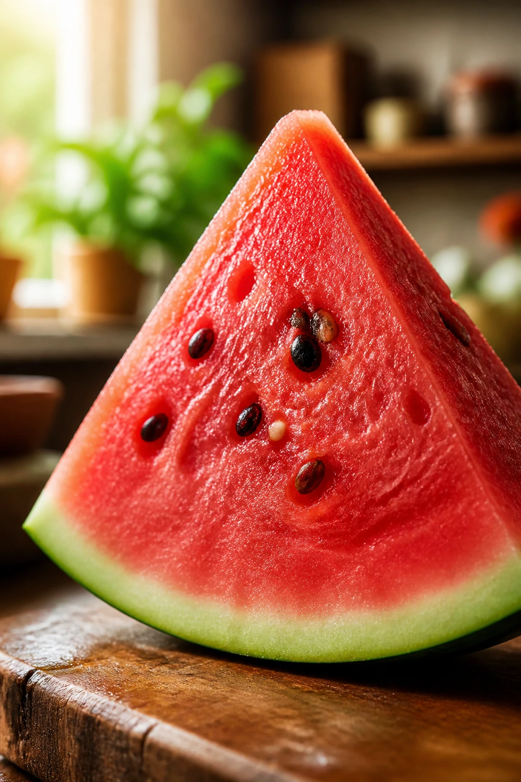 The Best Watermelon Smoothie Recipe For Weight Loss 1 Close-up of a juicy watermelon slice on a wooden cutting board