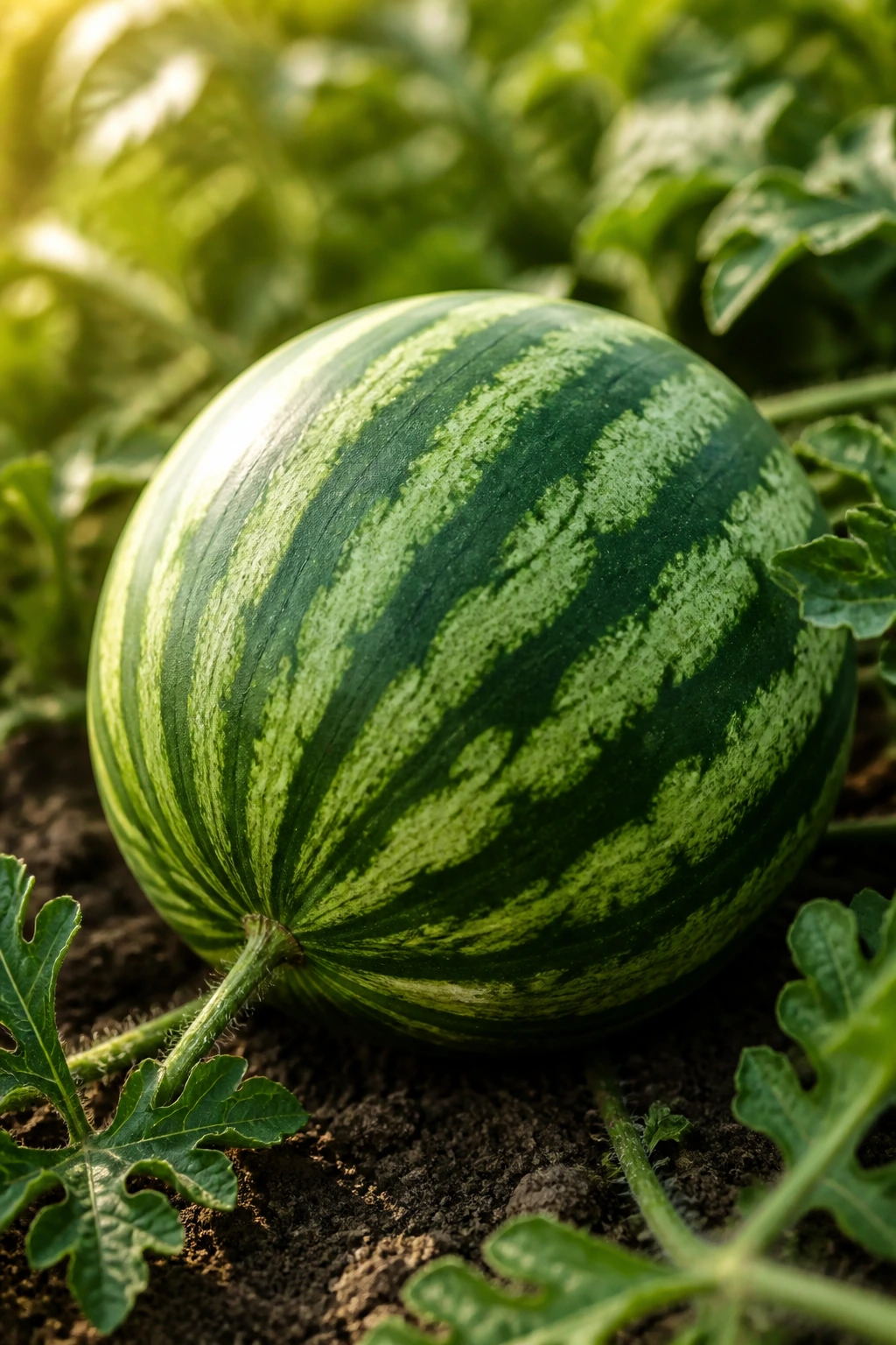 Gardener's Guide: The Best Fertilizer for Watermelons 1 Close-up of a ripe watermelon resting on a sunny garden bed with vines