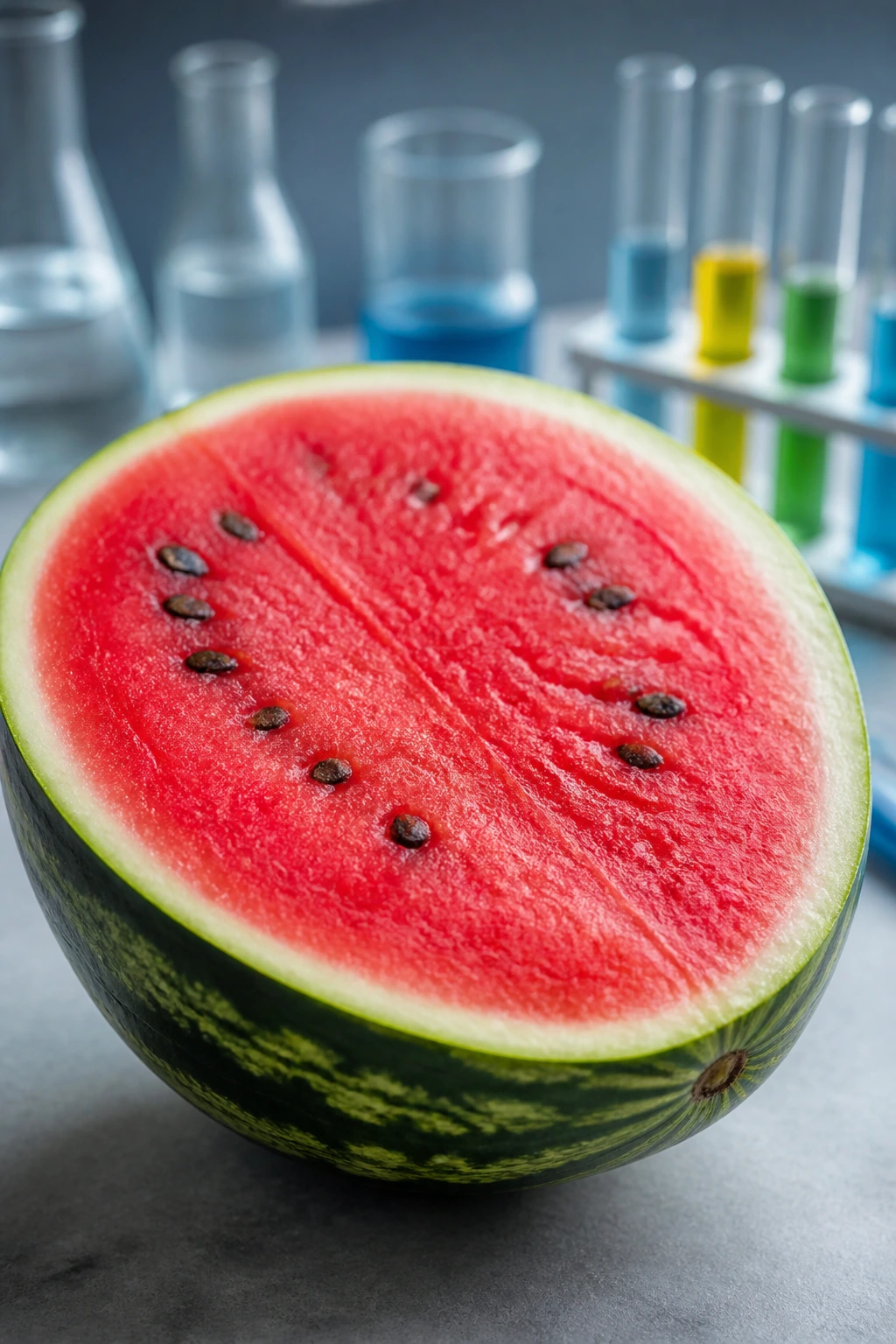 Are Watermelons Acidic Or Alkaline? - Exploring the pH of Watermelons 4 Close-up of a watermelon half on a counter with soft light, suggesting pH context