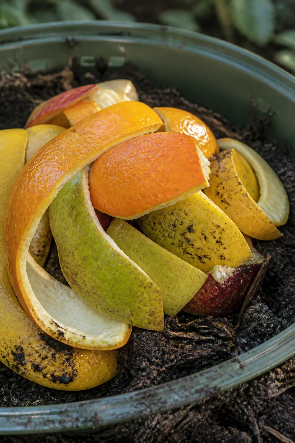 Close-up of wax-coated fruit peels hindering decomposition in compost