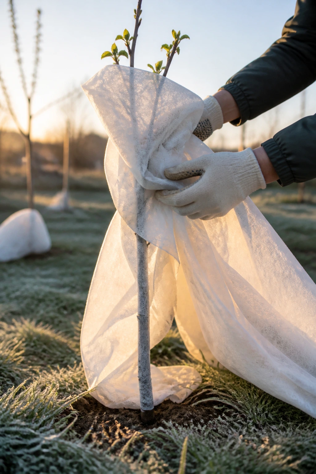 How To Protect Fruit Trees From Frost And Freeze Damage 1 Close up of gloved hands wrapping a breathable frost cloth around a young fruit tree in a frosty spring garden