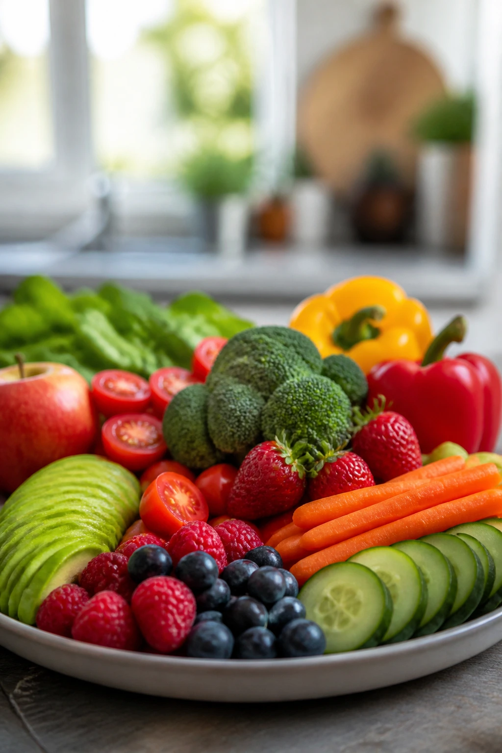 Vital Nutrients: Why Are Fruits And Vegetables Important? 11 Close-up of a colorful plate of fresh produce highlighting weight-control benefits