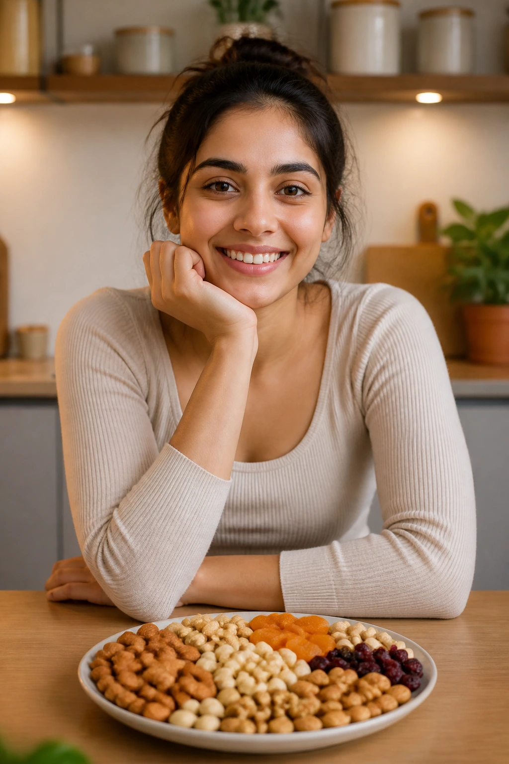 Discover the Best Dry Fruits for Weight Gain: Top 12 Choices 10 Happy real person with plate of dry fruits in a cozy kitchen
