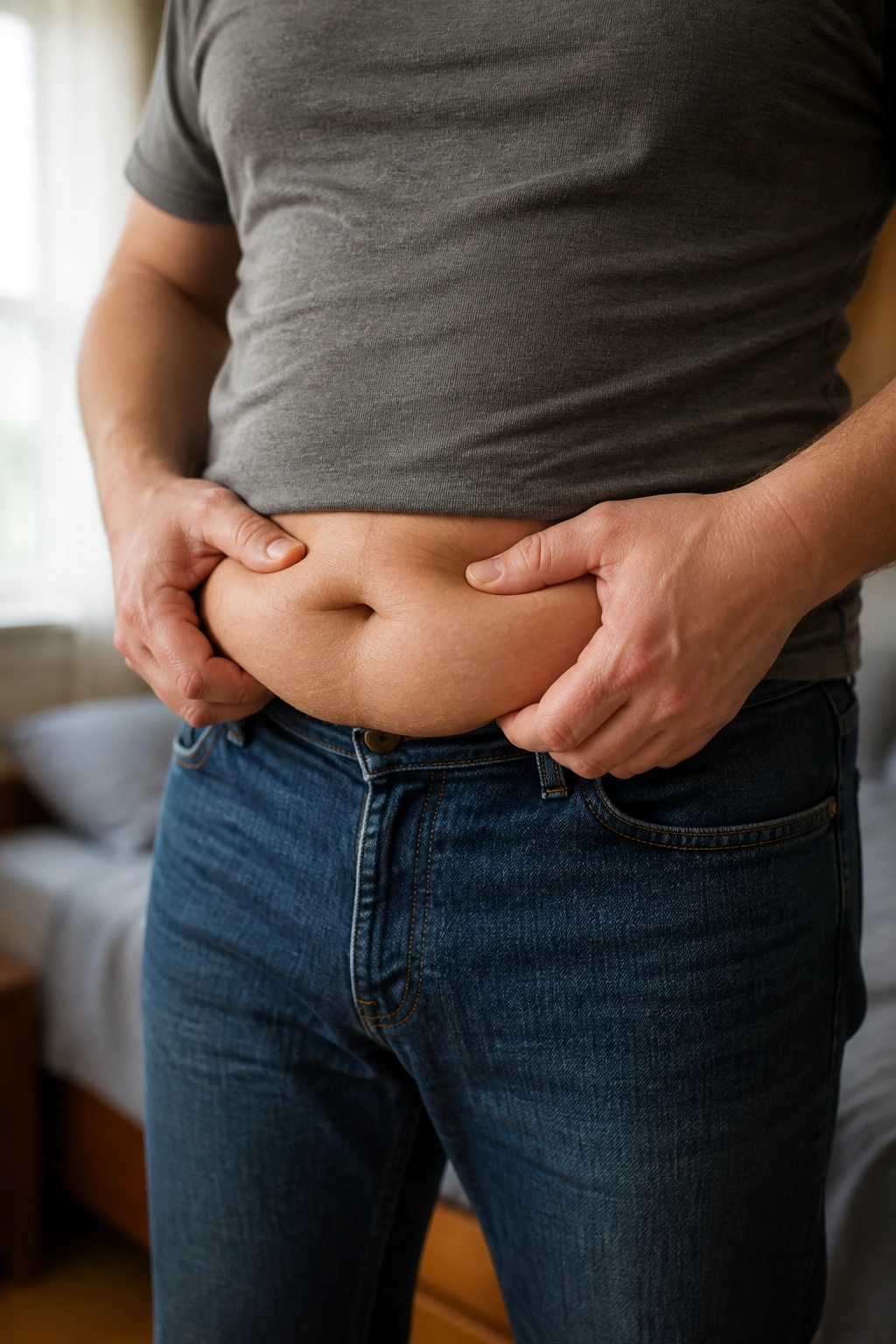 Side Effects of Eating Too Much Fruit: 10 Possible Outcomes 1 Close-up portrait showing midsection weight gain in a home setting