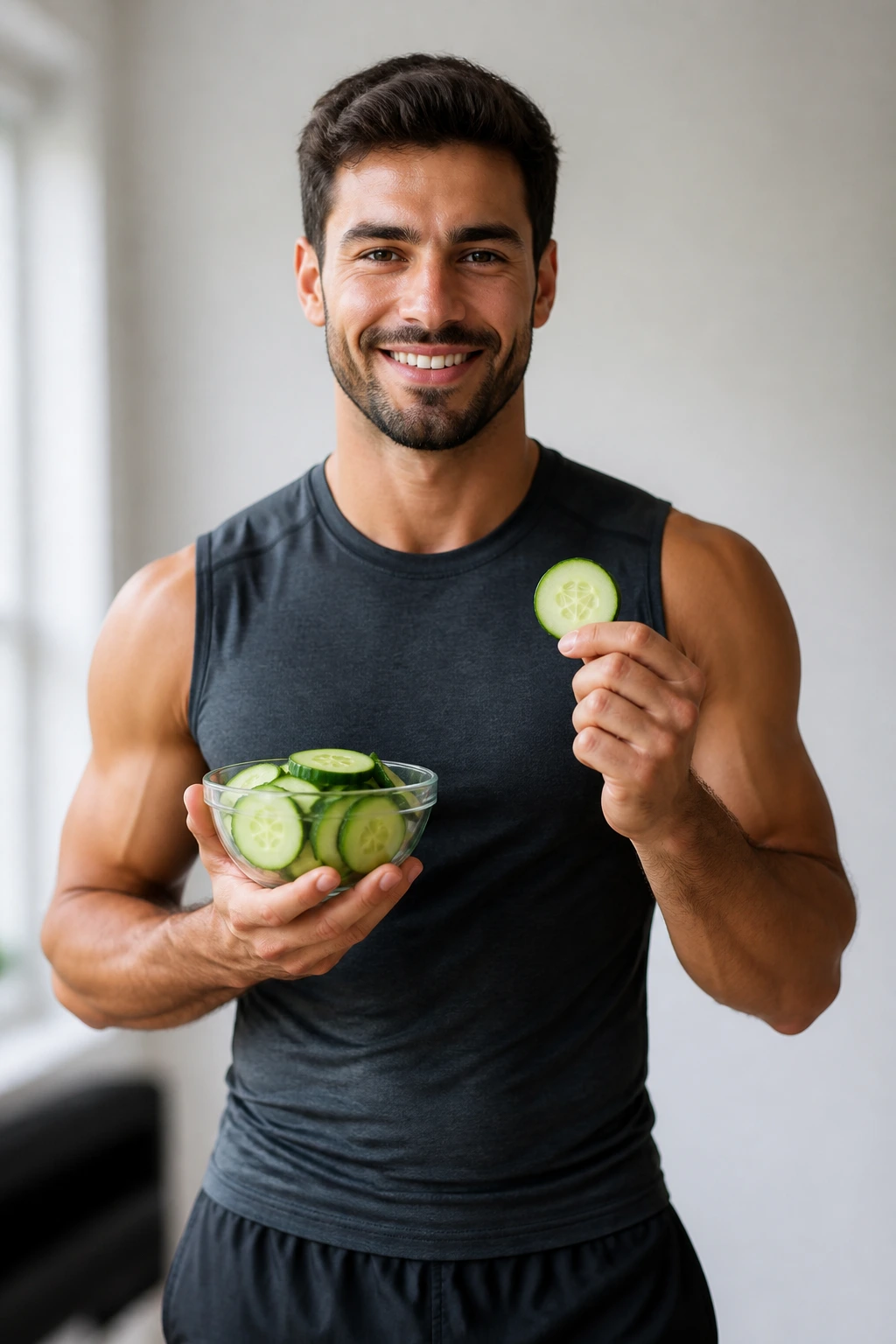 Medium close-up of a fit person in a clean interior emphasizing weight loss