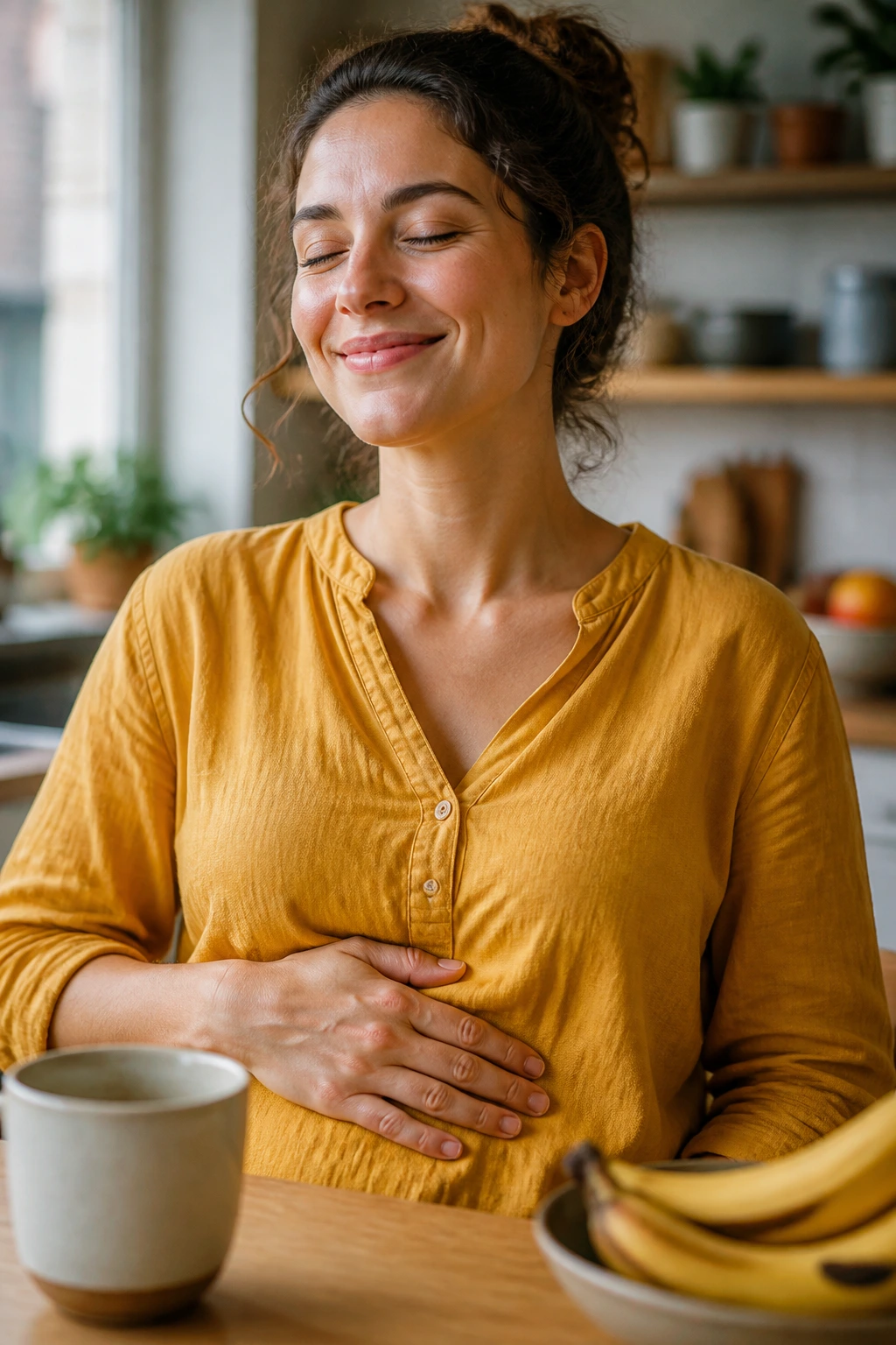 10 Amazing Health Benefits Of Banana Peel Tea 7 Close-up portrait of a real person showing fullness after a meal, suggesting weight-management benefits.
