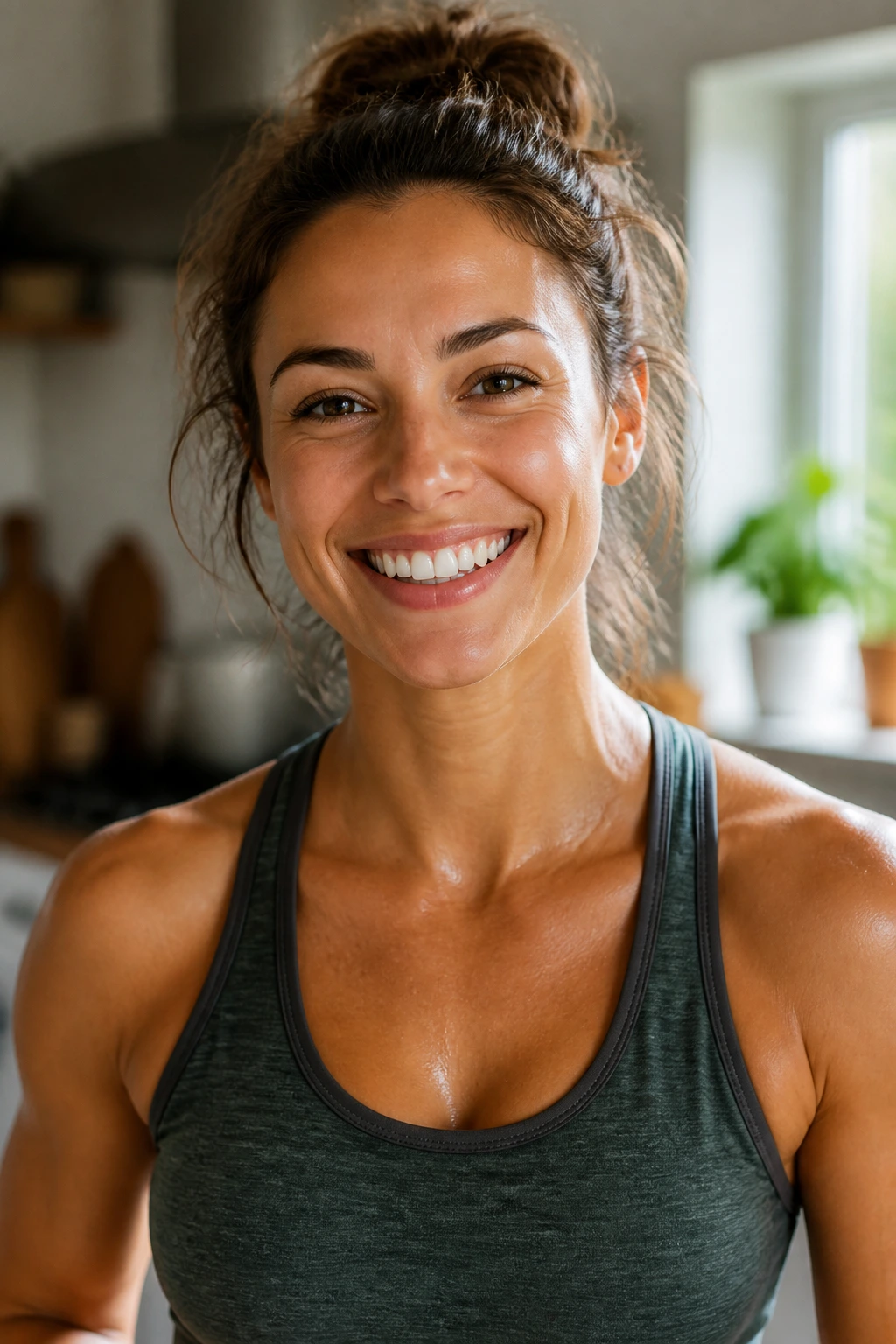Close-up portrait of a fit person representing weight loss in a bright kitchen