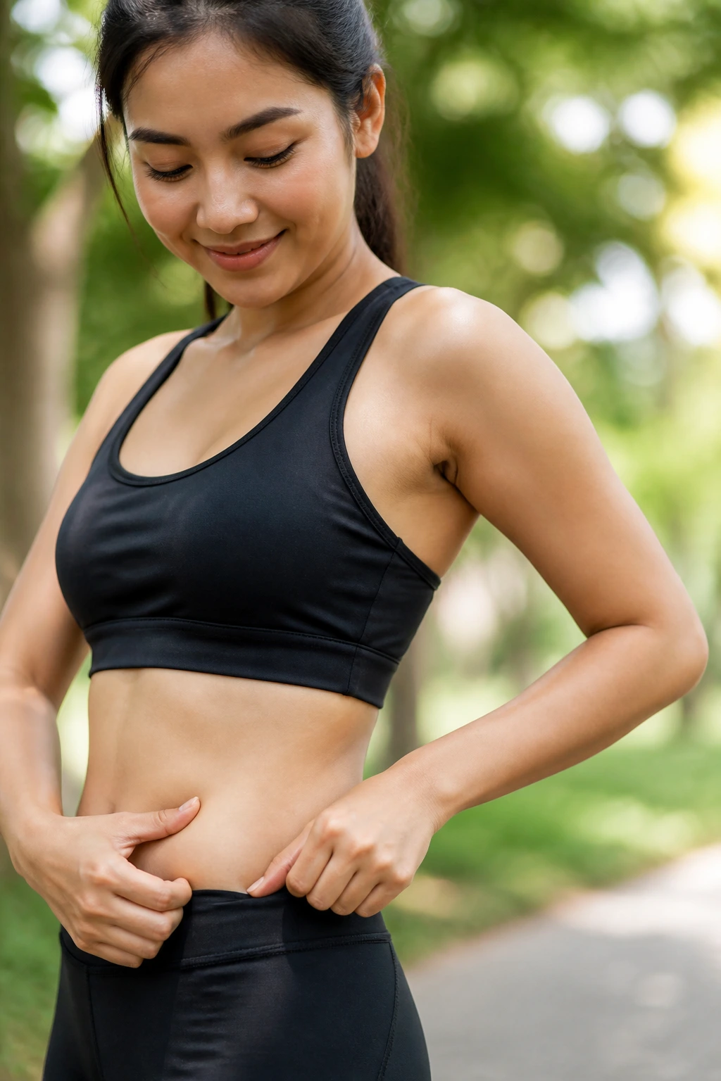 Portrait of a real person showing a lean midsection in an outdoor setting.