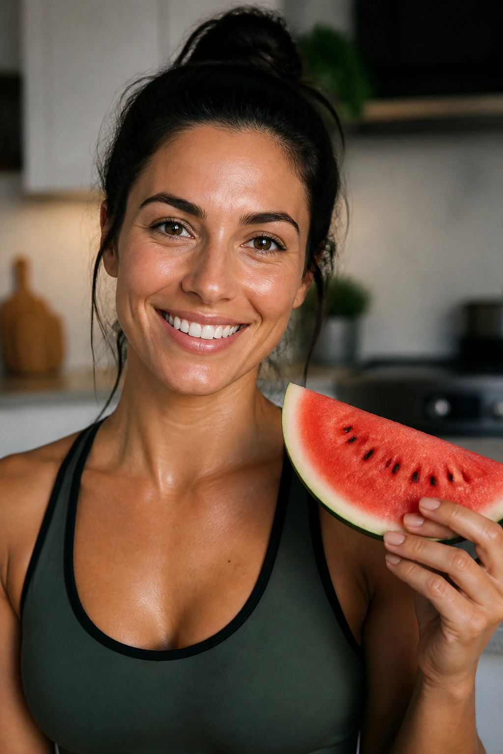 10 Surprising Benefits Of Eating Watermelon At Night 5 Close-up portrait of a fit adult in a kitchen with a calm confident expression.