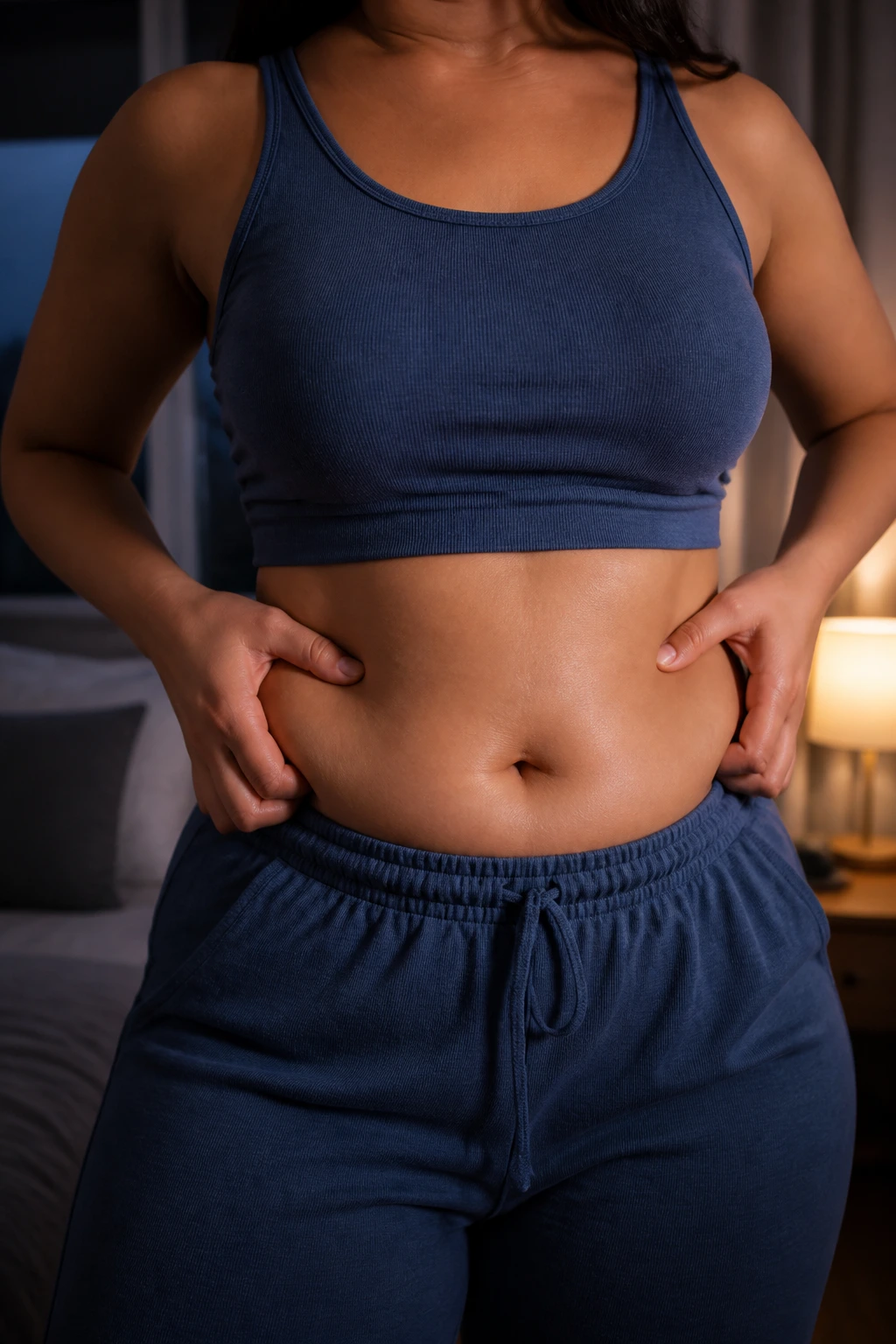 Torso close-up in a nighttime bedroom showing healthy waist silhouette
