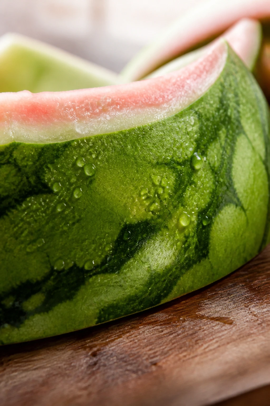 Close-up of watermelon rind slice on wooden surface