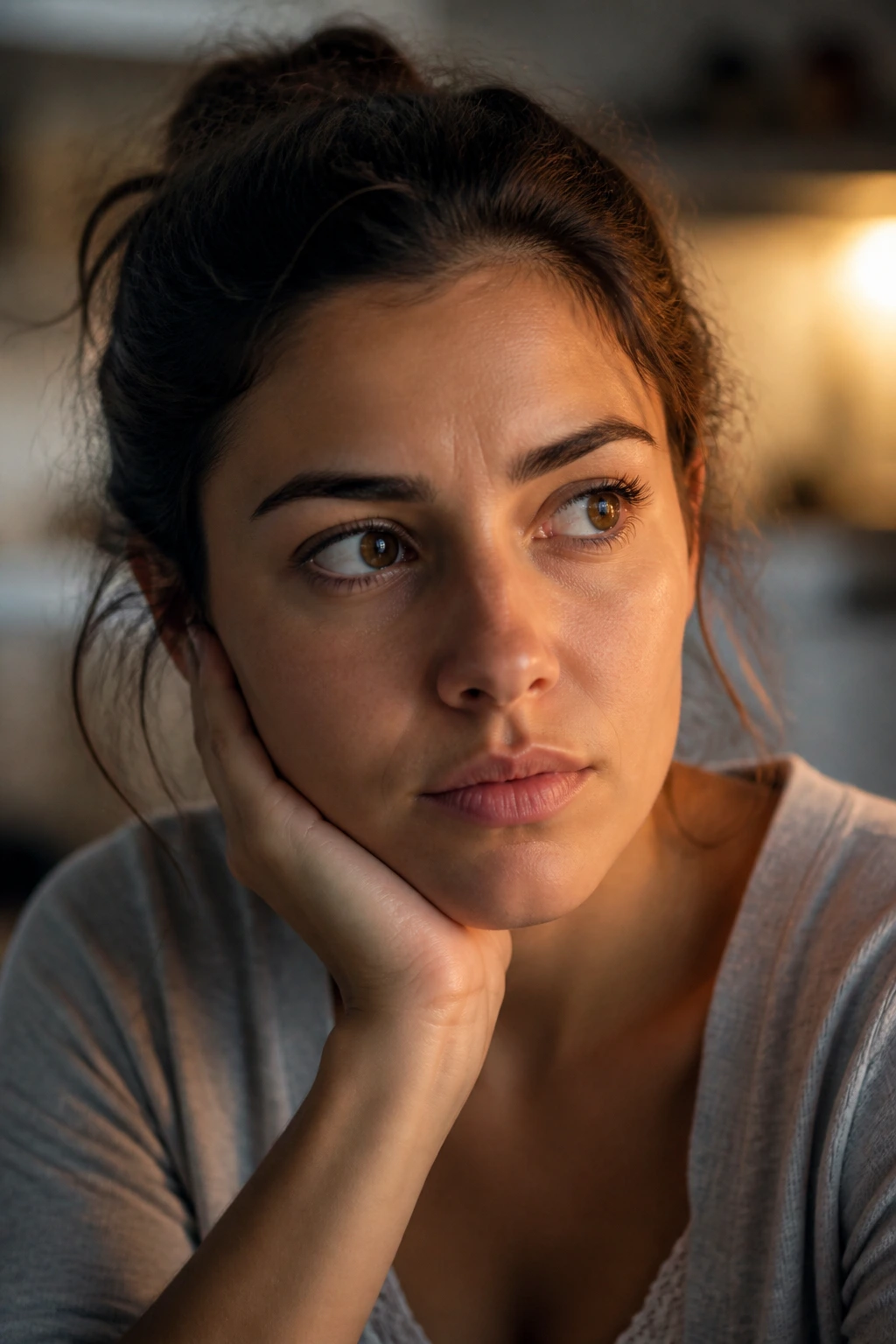 Close-up portrait of a woman considering a nighttime snack in a dim kitchen