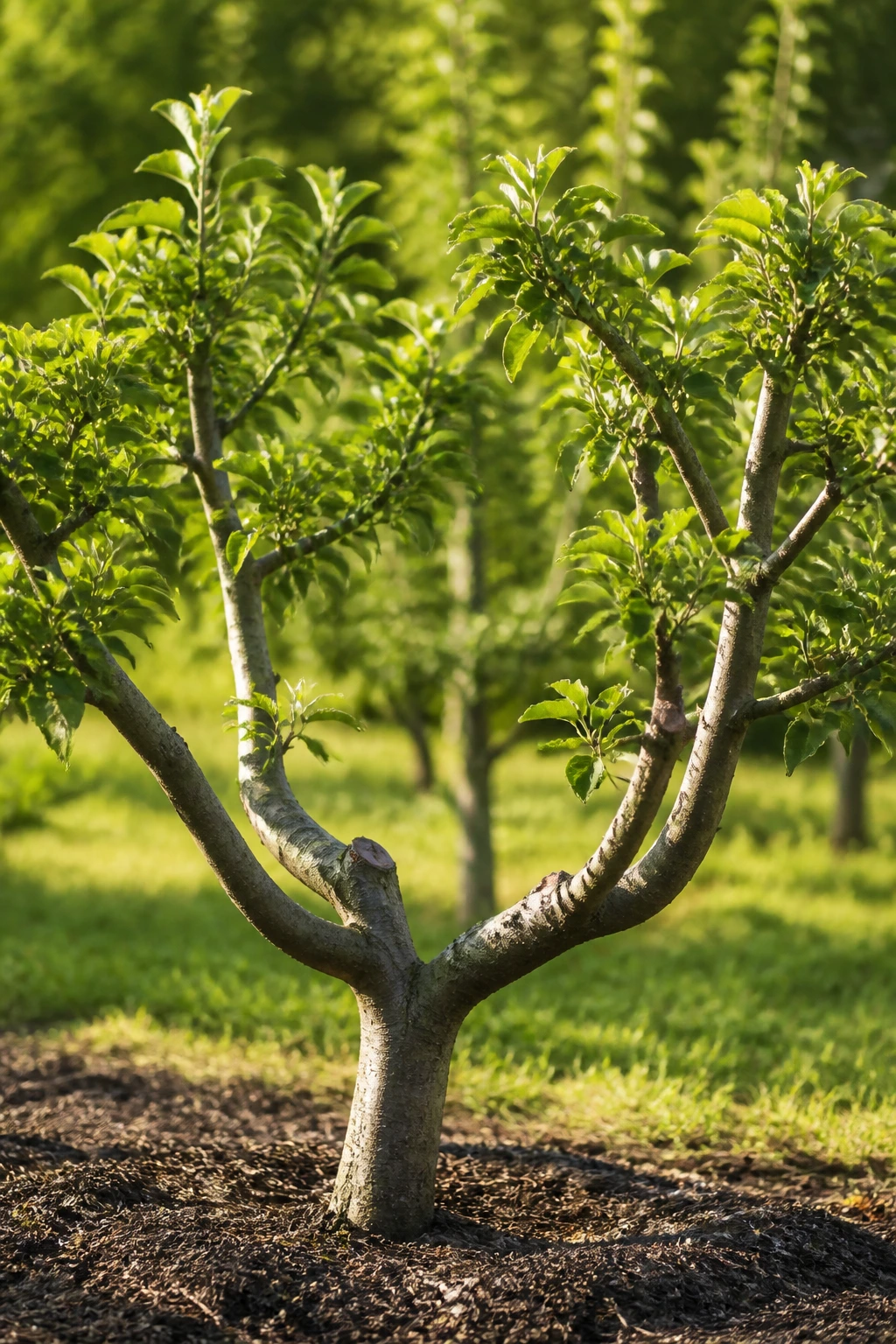 How To Prune A Fruit Tree To Keep It Small And Healthy 5 Close-up of a small, well-pruned fruit tree in a garden.