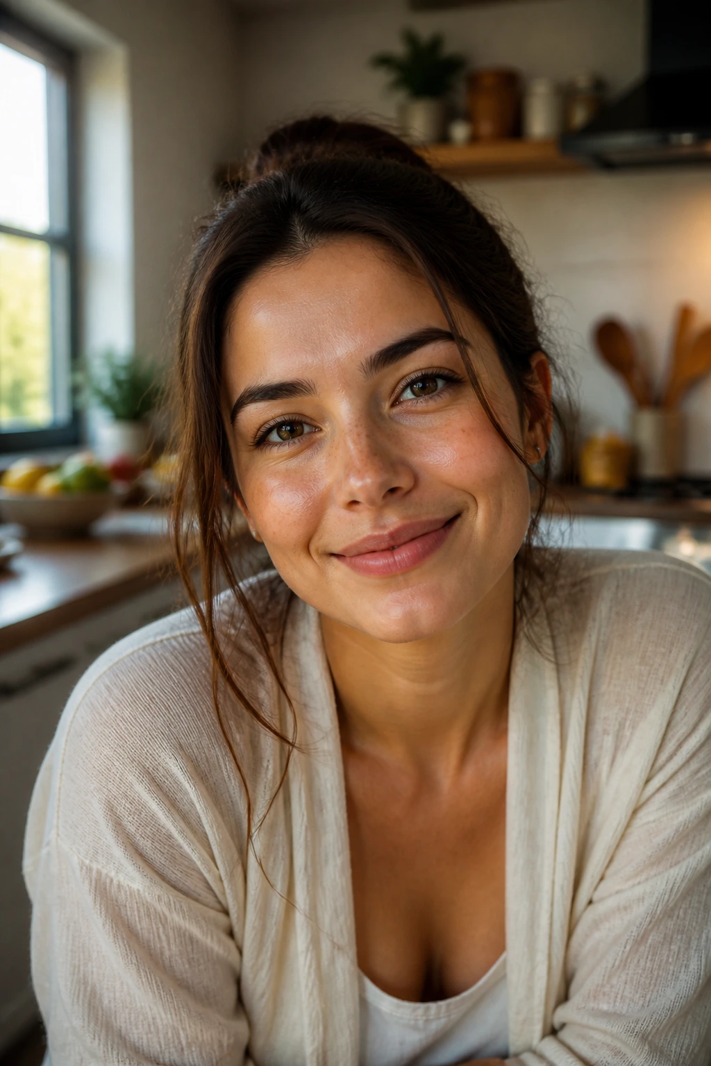 Portrait of a relaxed person in a warm kitchen
