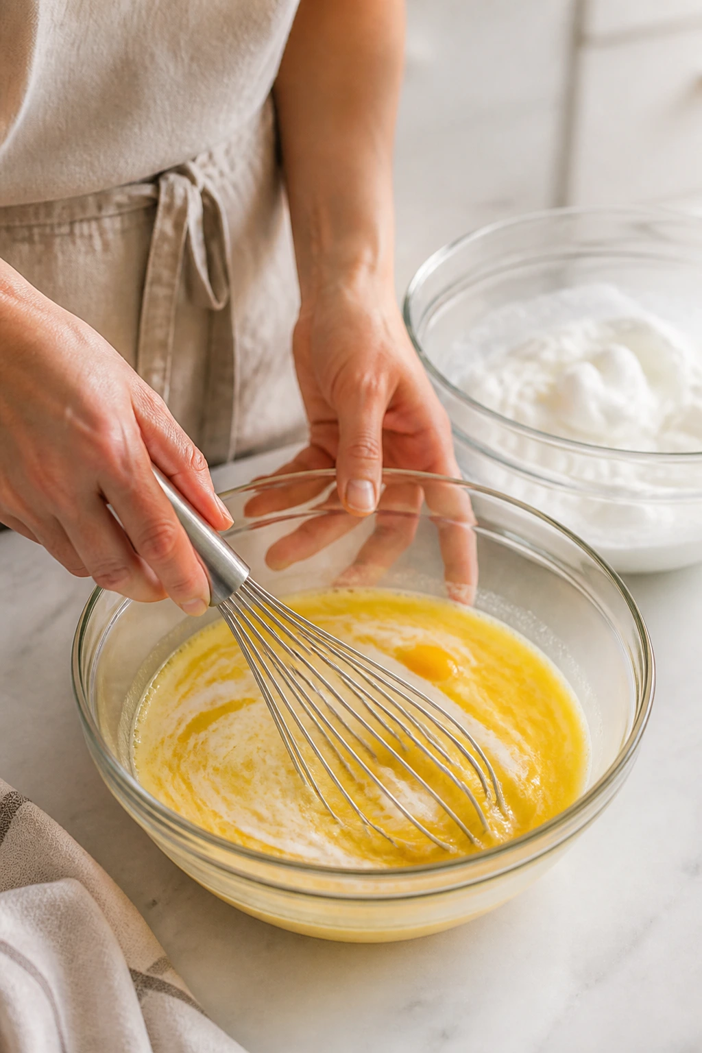 Real person whisking yolks with milk and butter while softly whipped egg whites sit nearby.