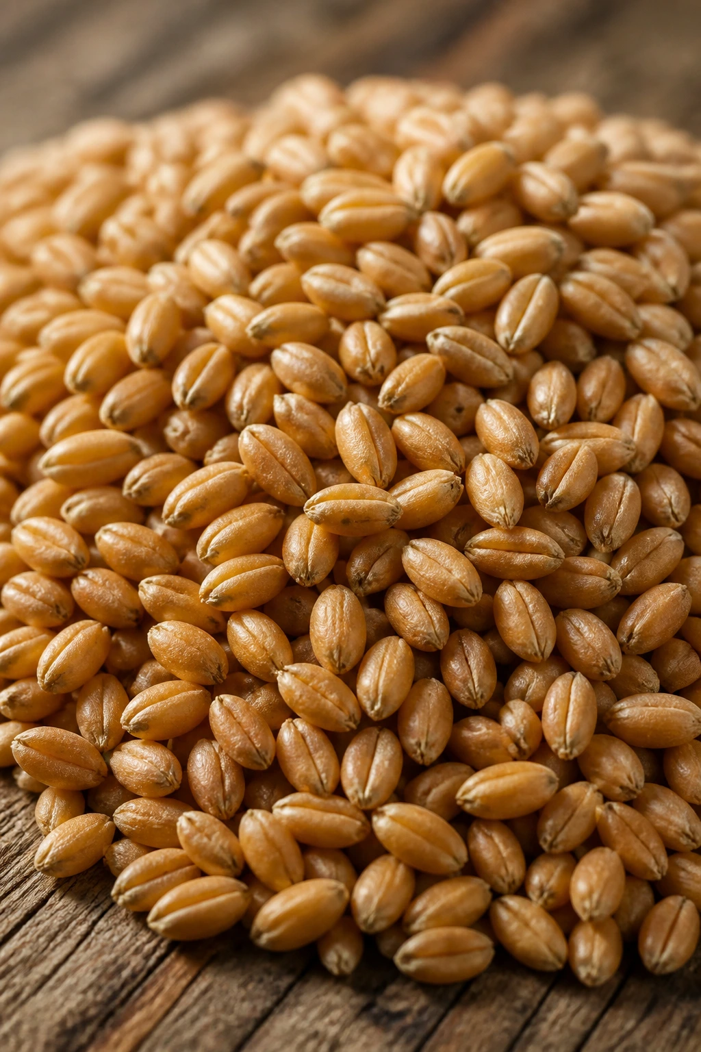 Rye Berries vs Wheat Berries: Understanding the Difference 8 Close-up of golden wheat berries filling the frame on a wooden surface with soft daylight