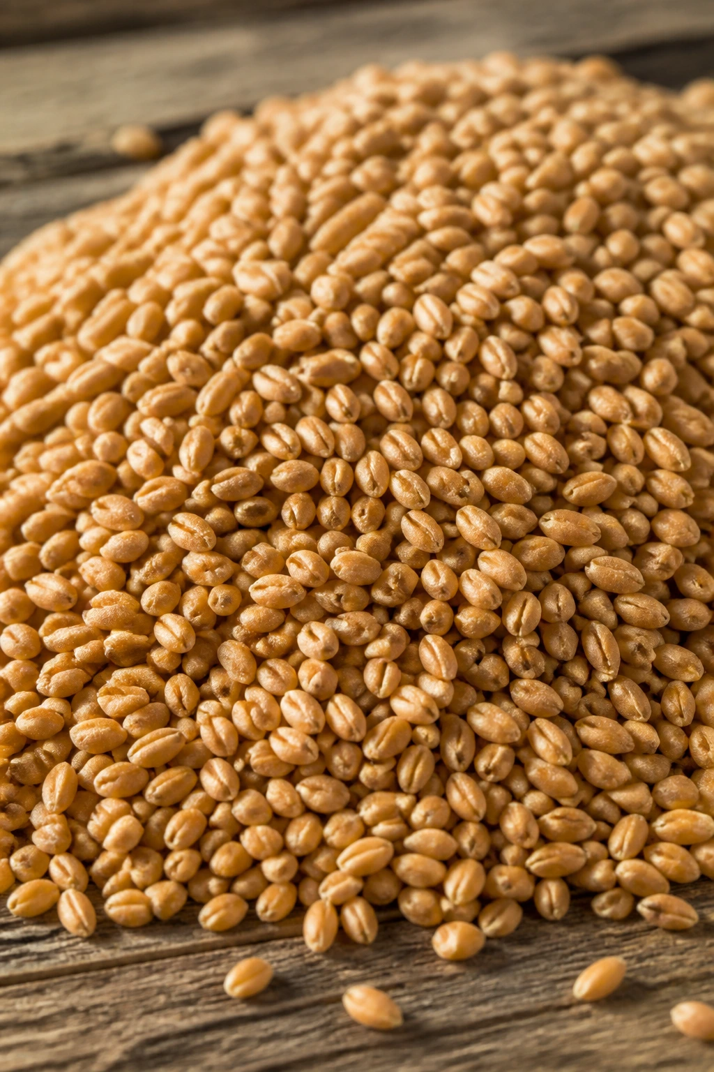 Rye Berries vs Wheat Berries: Understanding the Difference 11 Close-up of wheat berries filling the frame on a wooden surface