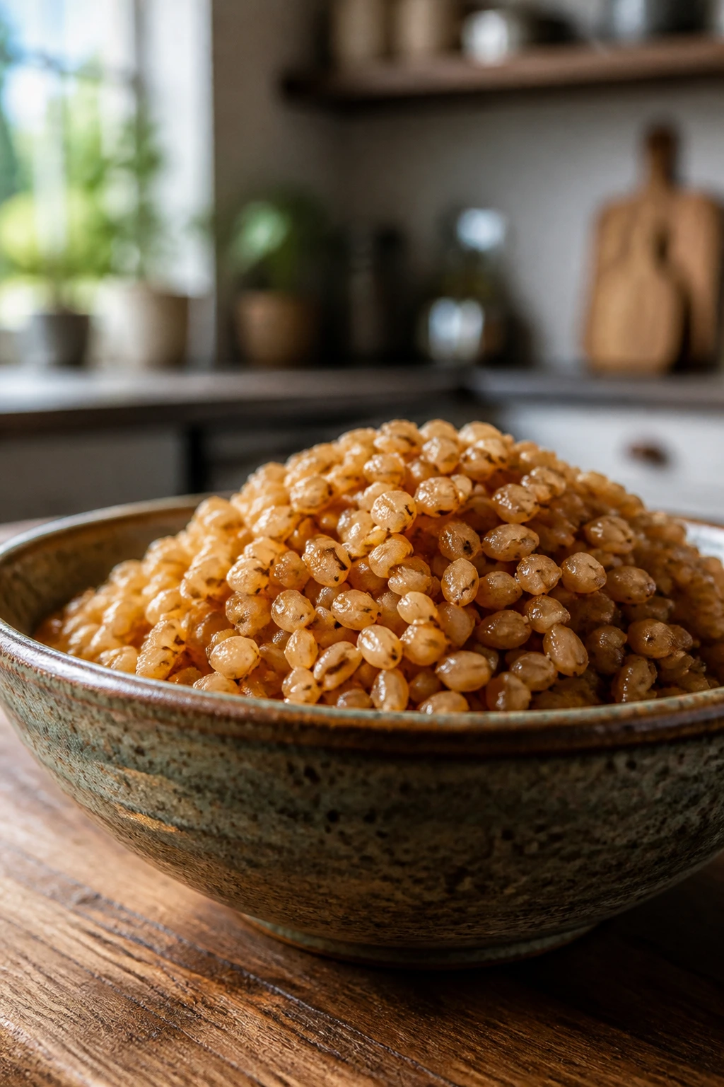 Rye Berries vs Wheat Berries: Understanding the Difference 13 Close-up of cooked wheat berries in a rustic bowl on a wooden kitchen counter