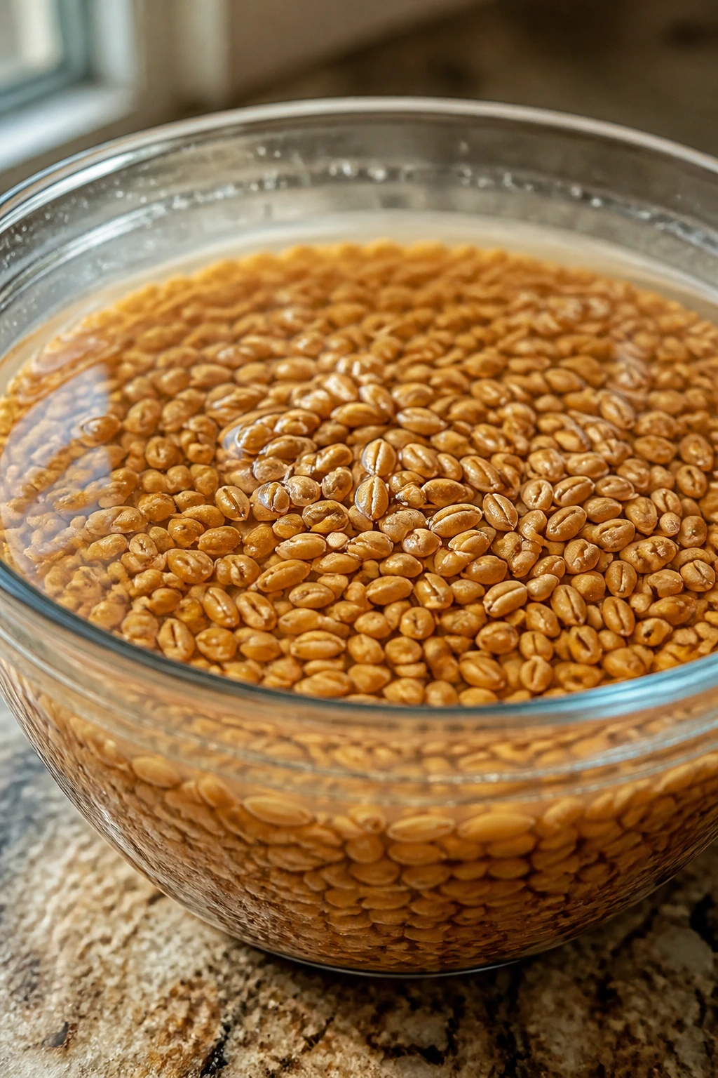 How To Make Bread From Wheat Berries (Complete Guide) 2 Soaked wheat berries in a glass bowl ready for grinding