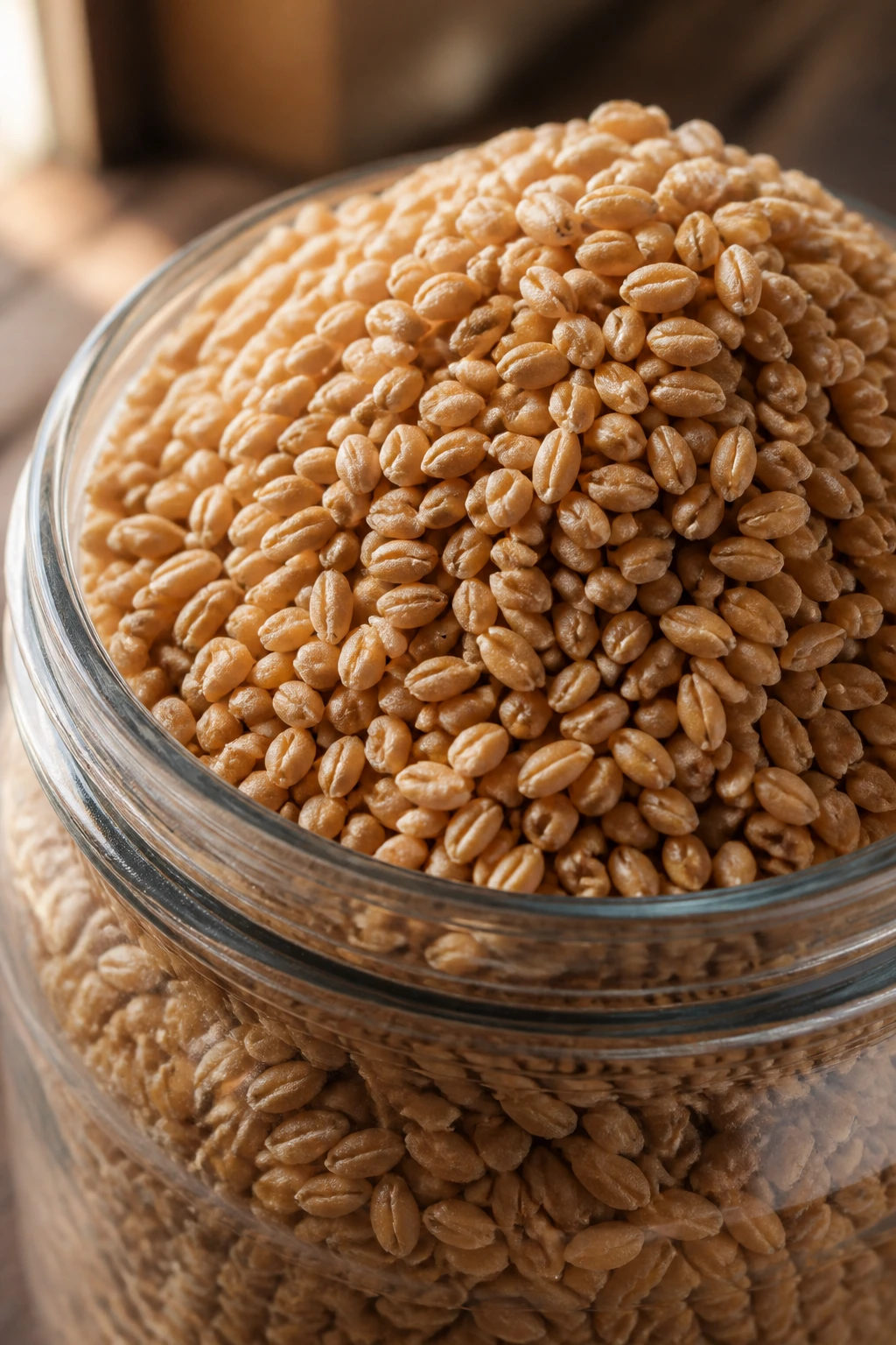 How Long Can You Store Wheat Berries Before It Goes Bad? 1 Close-up of wheat berries in a glass jar on a wooden counter, illustrating storage influence on freshness