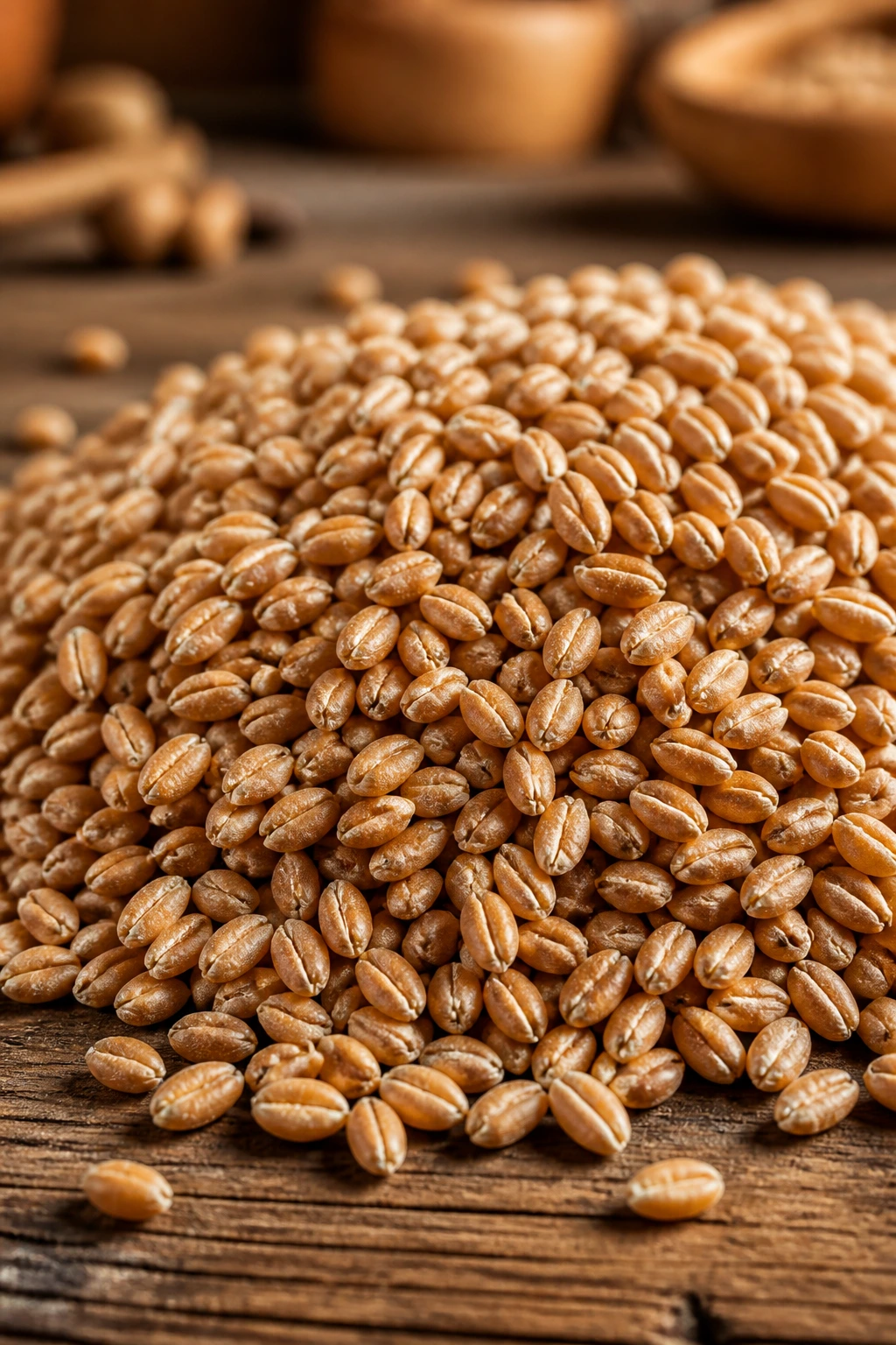 Are Wheat Berries Gluten-Free? Find Out If It Is Gluten-Free 2 Close-up of a pile of wheat berries on wood, illustrating they contain gluten